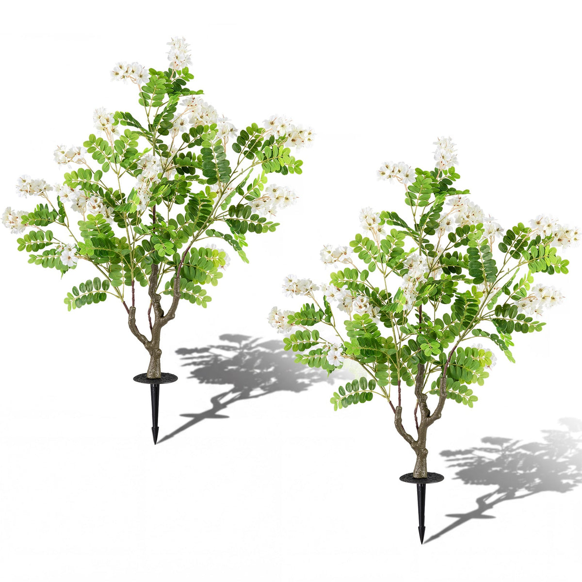 2 Pack Artificial Locust Flower Trees 39 Inch Fake Evergreen Shrubs with Ground Spikes-White-Artificial Plants-DECOROLALA