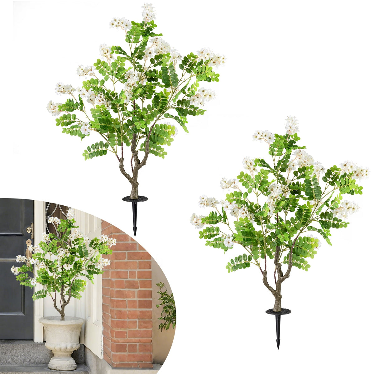 2 Pack Artificial Locust Flower Trees 39 Inch Fake Evergreen Shrubs with Ground Spikes-White-Artificial Plants-DECOROLALA