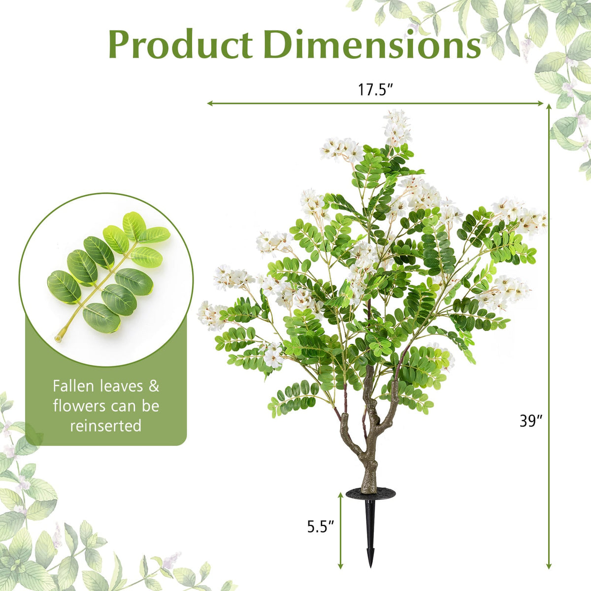 2 Pack Artificial Locust Flower Trees 39 Inch Fake Evergreen Shrubs with Ground Spikes-White-Artificial Plants-DECOROLALA