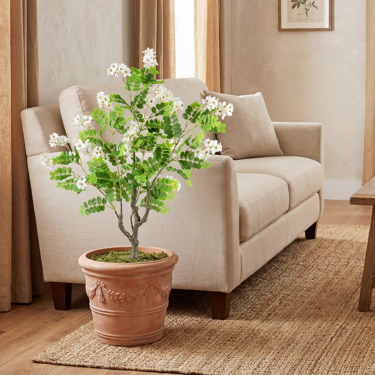 2 Pack Artificial Locust Flower Trees 39 Inch Fake Evergreen Shrubs with Ground Spikes-White-Artificial Plants-DECOROLALA