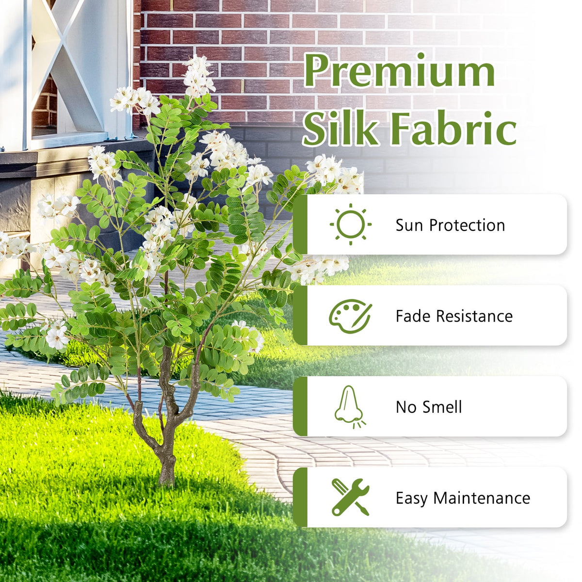 2 Pack Artificial Locust Flower Trees 39 Inch Fake Evergreen Shrubs with Ground Spikes-White-Artificial Plants-DECOROLALA