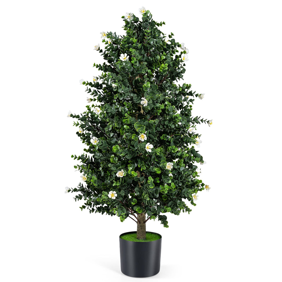 2 Pack Artificial Topiary Cone Tree Faux Potted Shrub Plant with 49 Flowers-White-Artificial Plants-DECOROLALA