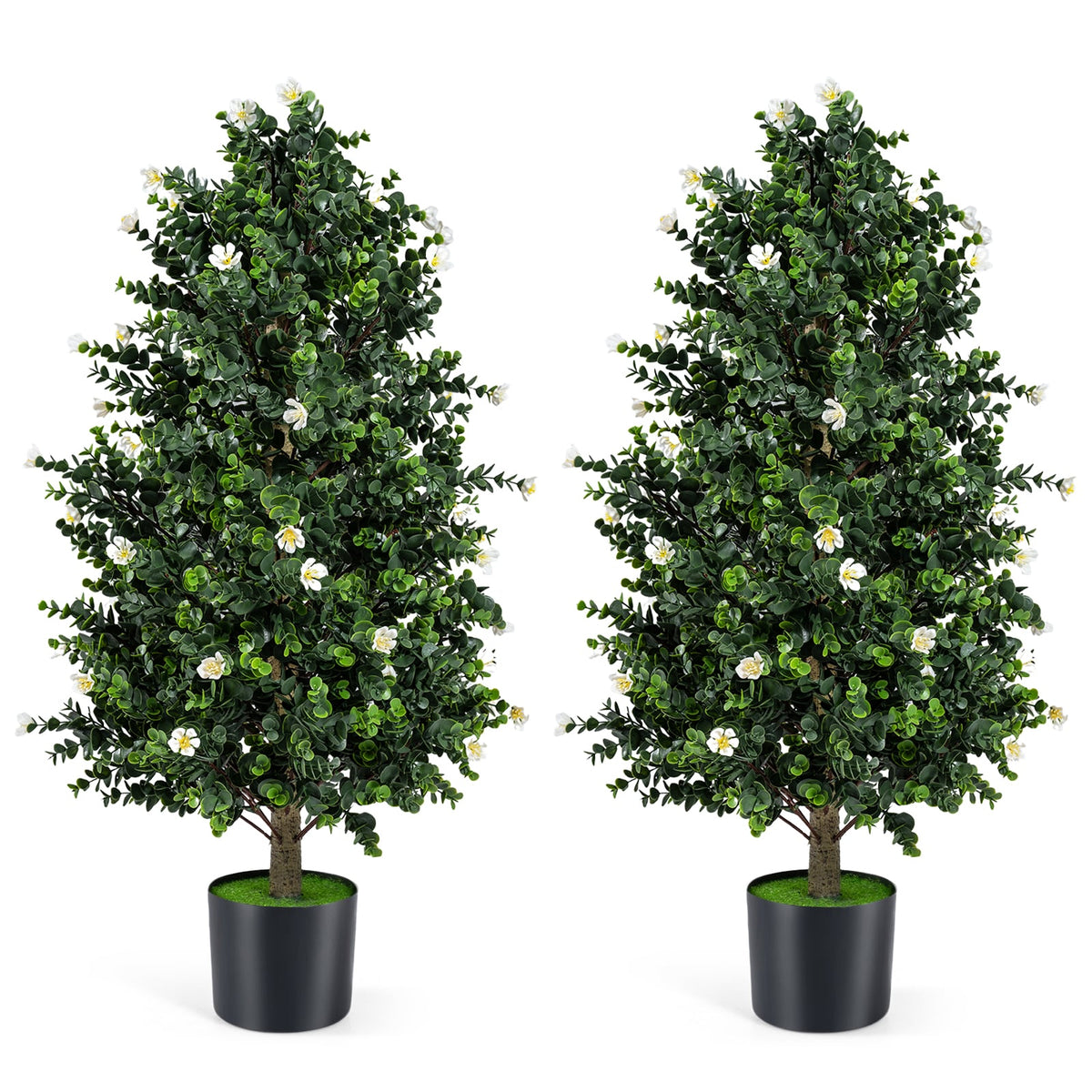 2 Pack Artificial Topiary Cone Tree Faux Potted Shrub Plant with 49 Flowers-White-Artificial Plants-DECOROLALA