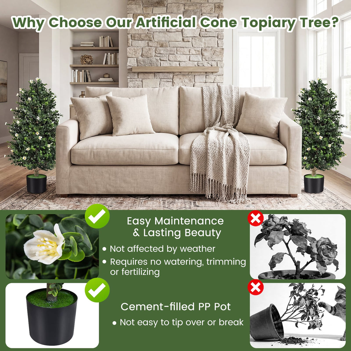 2 Pack Artificial Topiary Cone Tree Faux Potted Shrub Plant with 49 Flowers-White-Artificial Plants-DECOROLALA