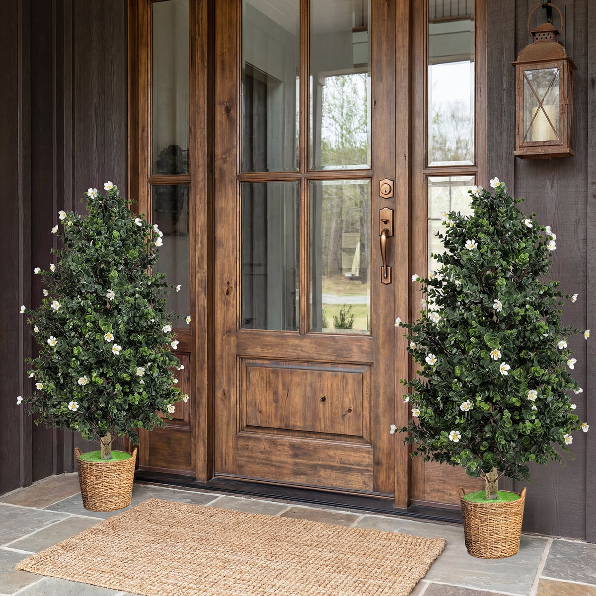 2 Pack Artificial Topiary Cone Tree Faux Potted Shrub Plant with 49 Flowers-White-Artificial Plants-DECOROLALA