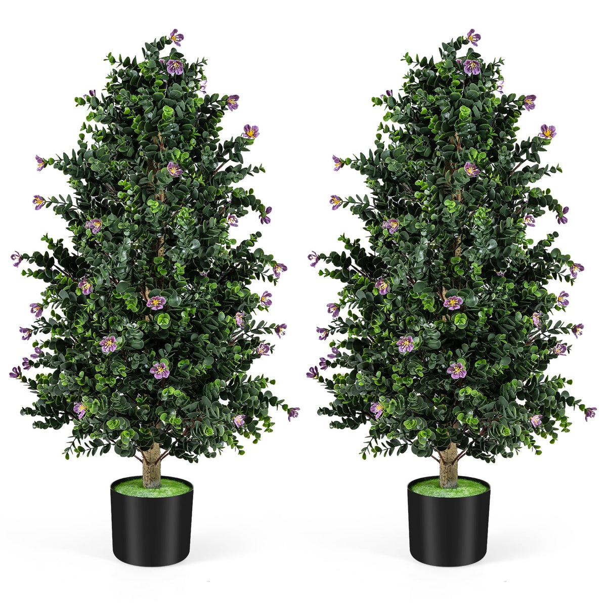 2 Pack Artificial Topiary Cone Tree Faux Potted Shrub Plant with 49 Flowers-purple-Artificial Plants-DECOROLALA