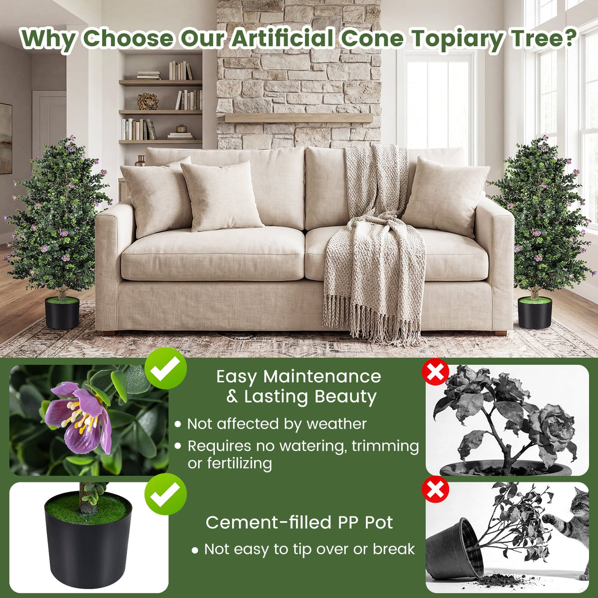 2 Pack Artificial Topiary Cone Tree Faux Potted Shrub Plant with 49 Flowers-purple-Artificial Plants-DECOROLALA