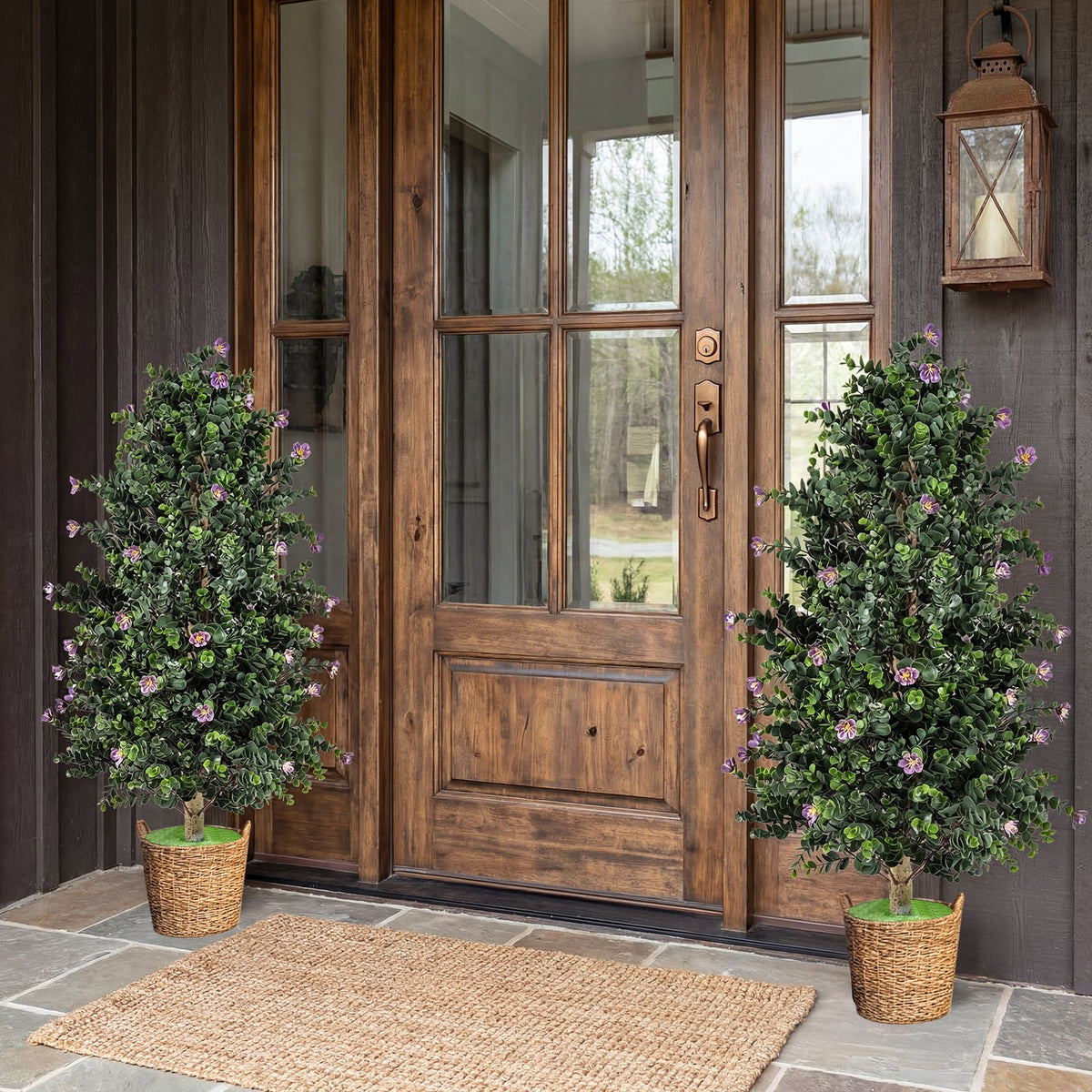 2 Pack Artificial Topiary Cone Tree Faux Potted Shrub Plant with 49 Flowers-purple-Artificial Plants-DECOROLALA