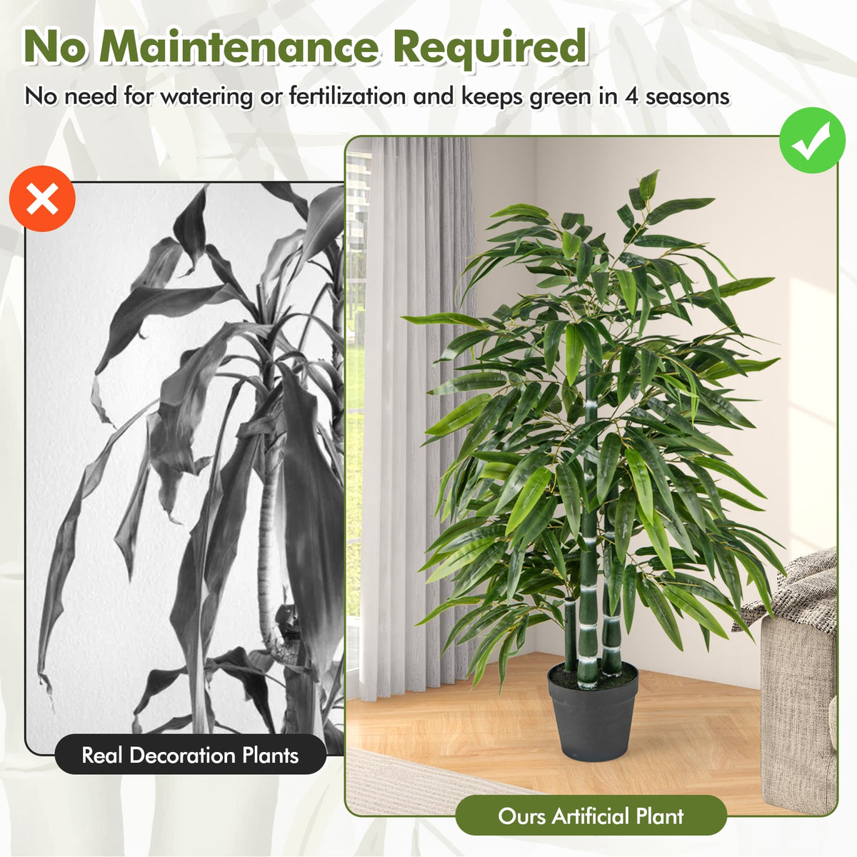 2 Pack Fake Bamboo Leave Tree with 3 PE Bamboo Trunk-Green-Artificial Plants-DECOROLALA