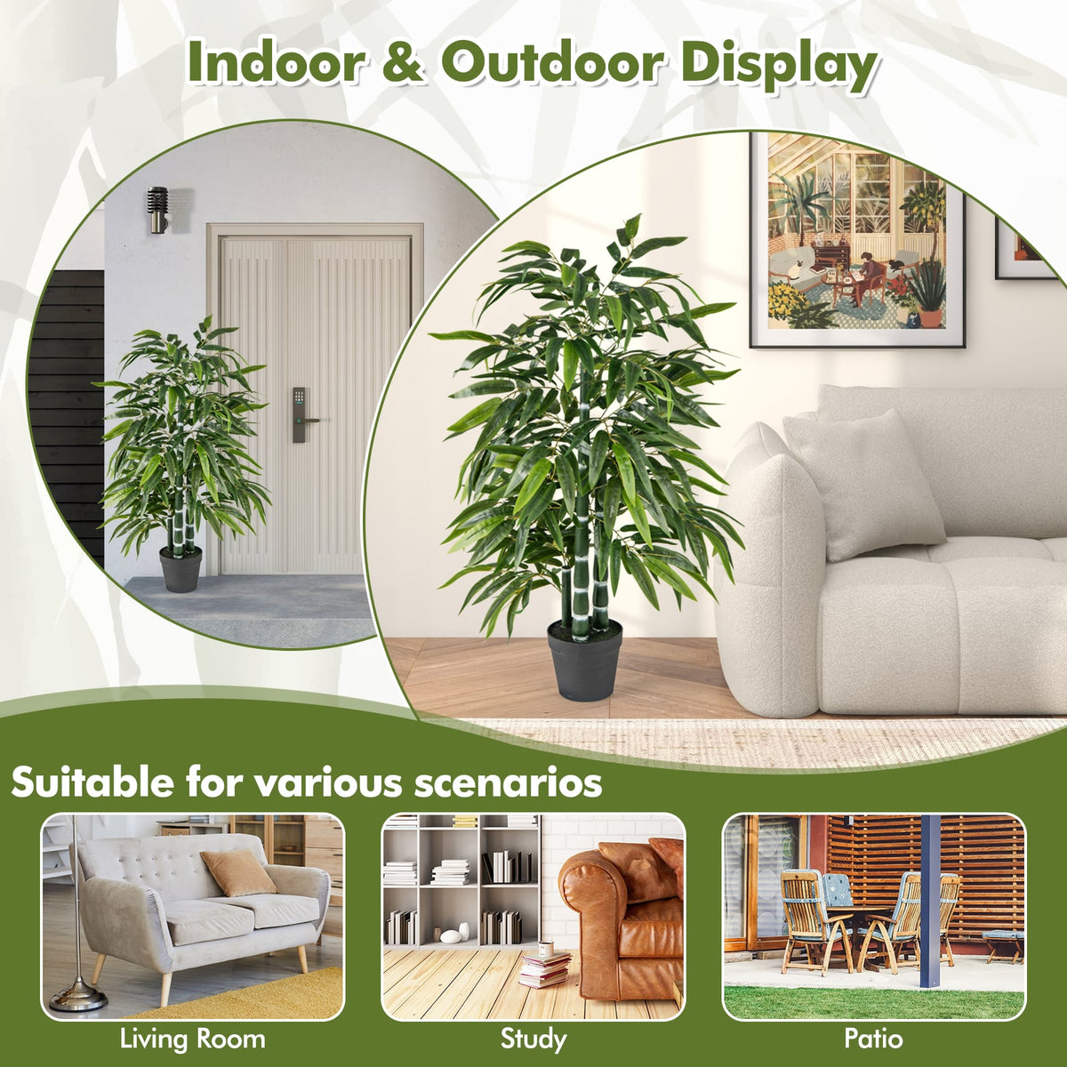 2 Pack Fake Bamboo Leave Tree with 3 PE Bamboo Trunk-Green-Artificial Plants-DECOROLALA