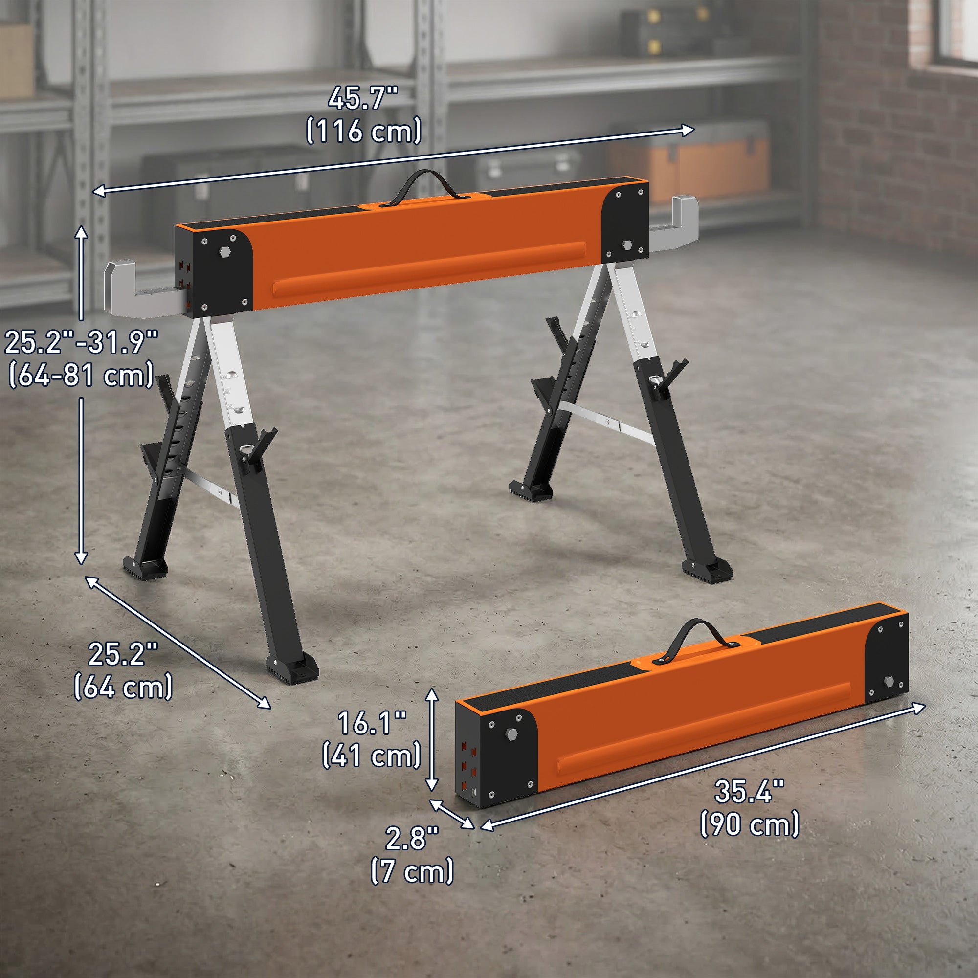 2-Pack Folding Heavy Duty Saw Horses - Adjustable Height Orange-Home Improvement > Tools-DECOROLALA