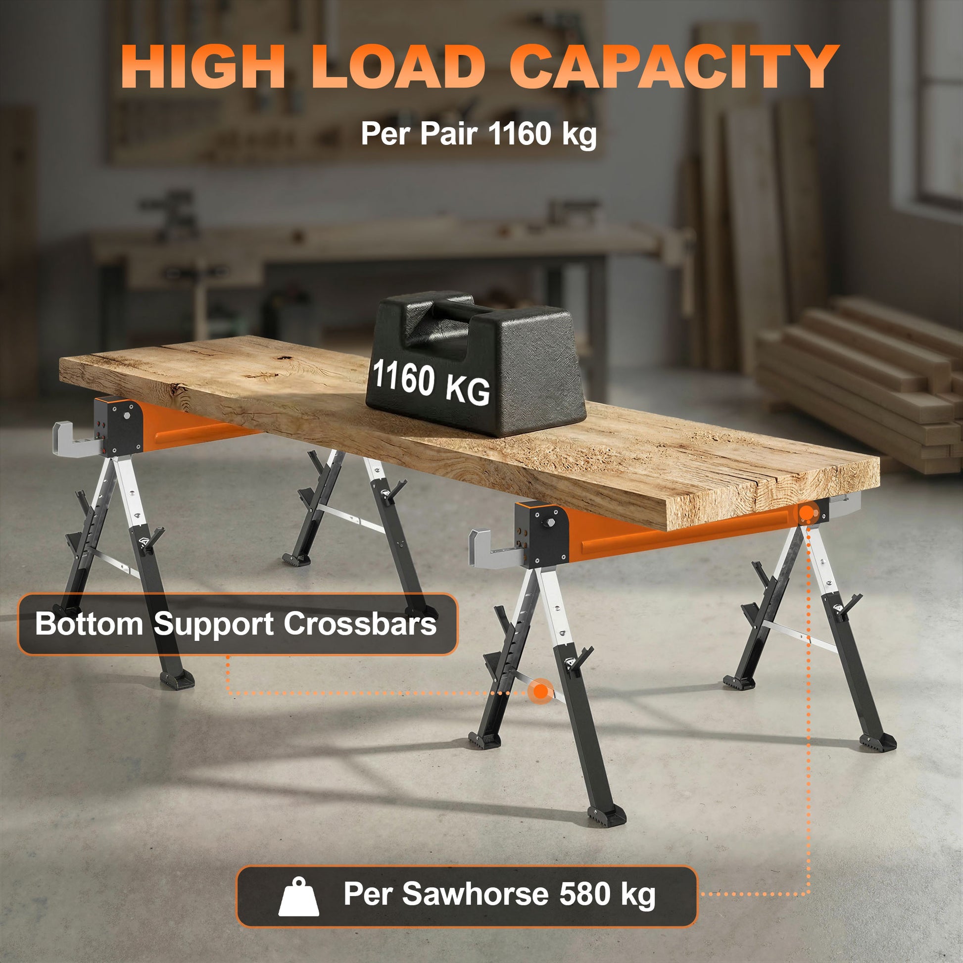 2-Pack Folding Heavy Duty Saw Horses - Adjustable Height Orange-Home Improvement > Tools-DECOROLALA