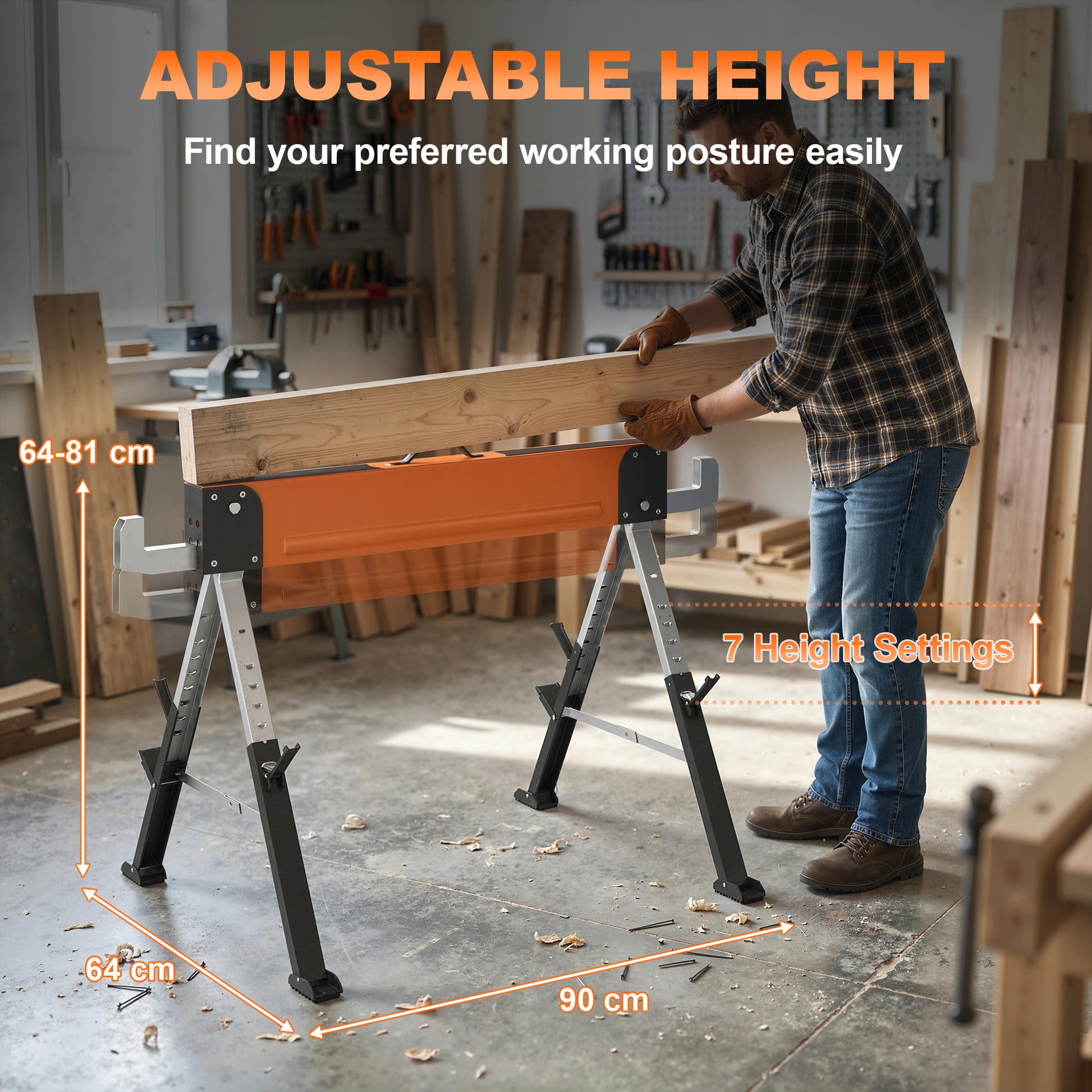 2-Pack Folding Heavy Duty Saw Horses - Adjustable Height Orange-Home Improvement > Tools-DECOROLALA