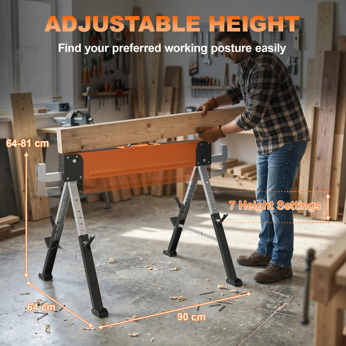 2-Pack Folding Heavy Duty Saw Horses - Adjustable Height Orange-Home Improvement > Tools-DECOROLALA
