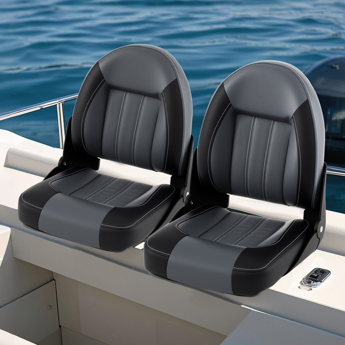 2-Pack Folding High Back Boat Chairs with Sponge Padding and Fixing Bolts-Black-Surfing-DECOROLALA