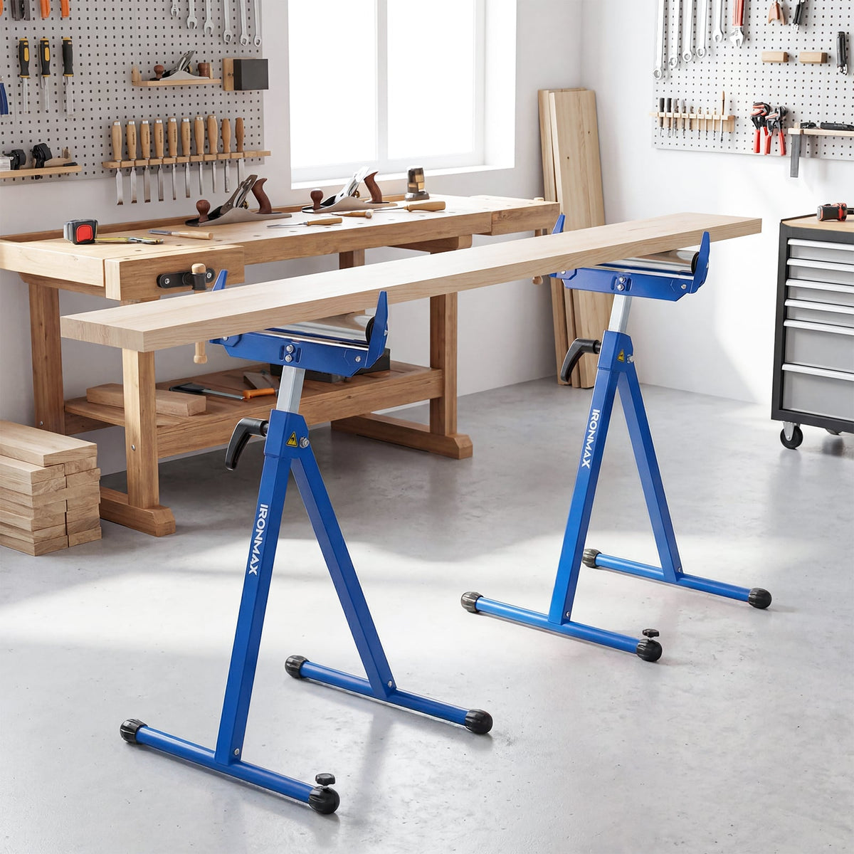 2-Pack Folding Roller Stands Portable Outfeed Supports with Adjustable Height-Blue-Garages-DECOROLALA