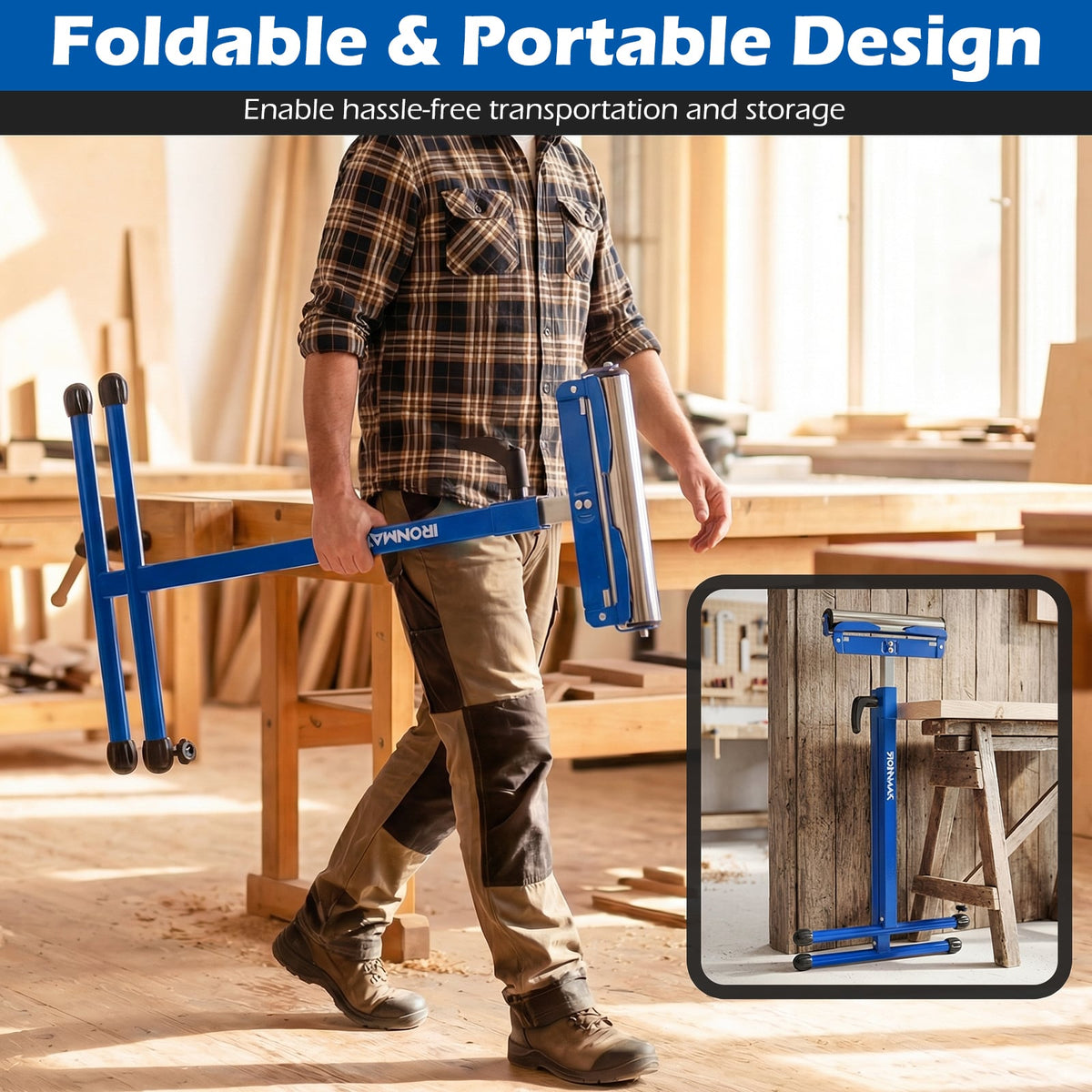 2-Pack Folding Roller Stands Portable Outfeed Supports with Adjustable Height-Blue-Garages-DECOROLALA