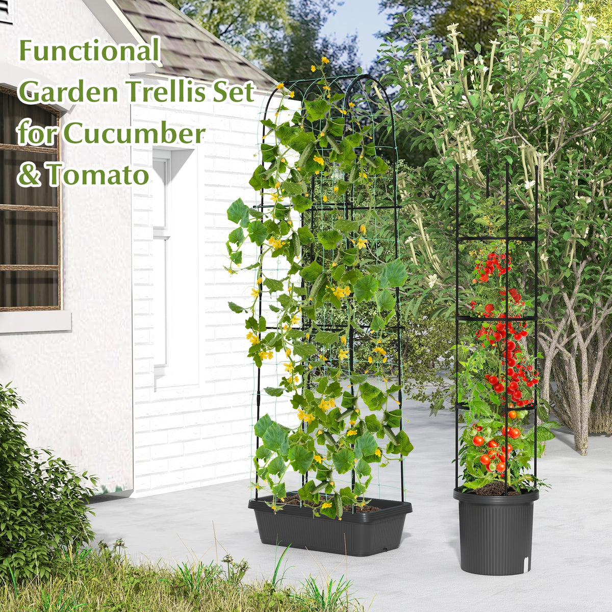 2 Pack Garden Planters with Trellis Cucumber Trellis Tomato Cage-Black-Raised Garden Beds-DECOROLALA