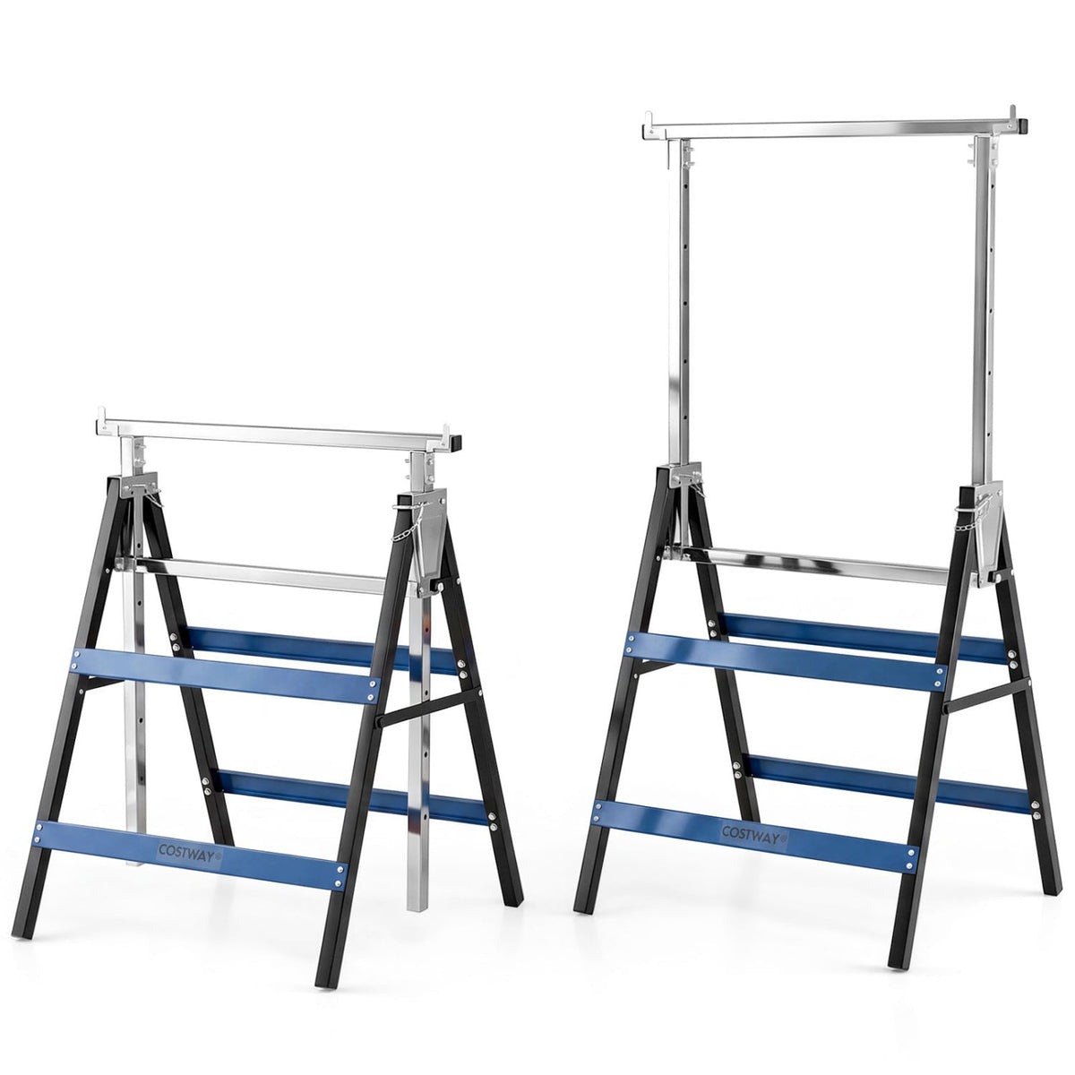 2 Pack Heavy Duty Metal Folding Saw Horses with Adjustable Height- Blue-Garages-DECOROLALA
