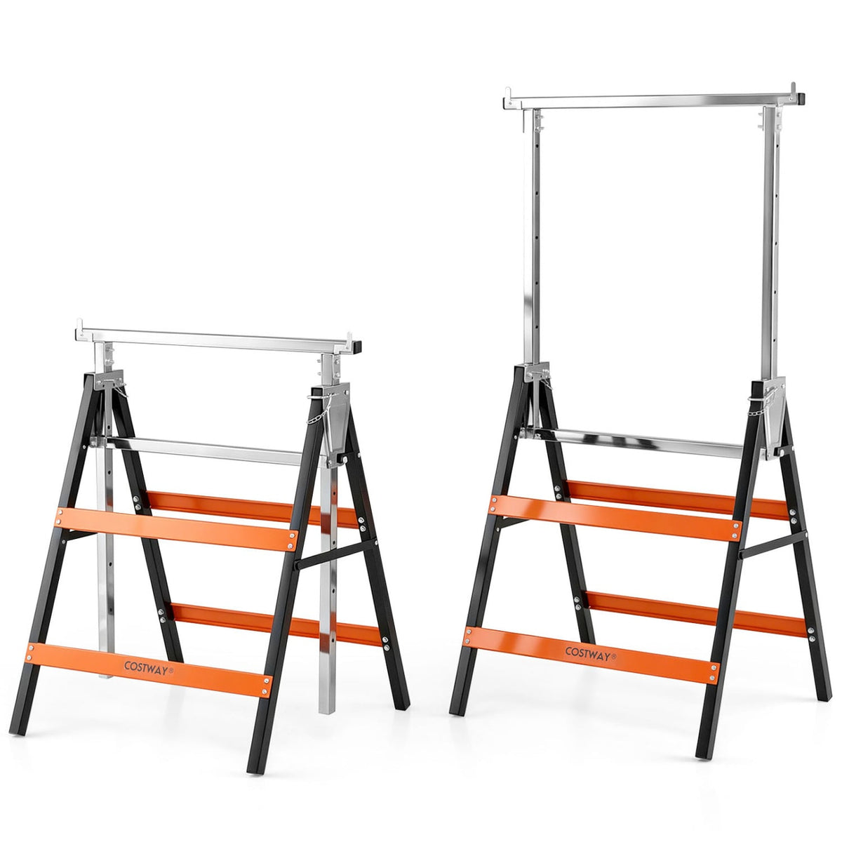 2 Pack Heavy Duty Metal Folding Saw Horses with Adjustable Height-Orange-Garages-DECOROLALA