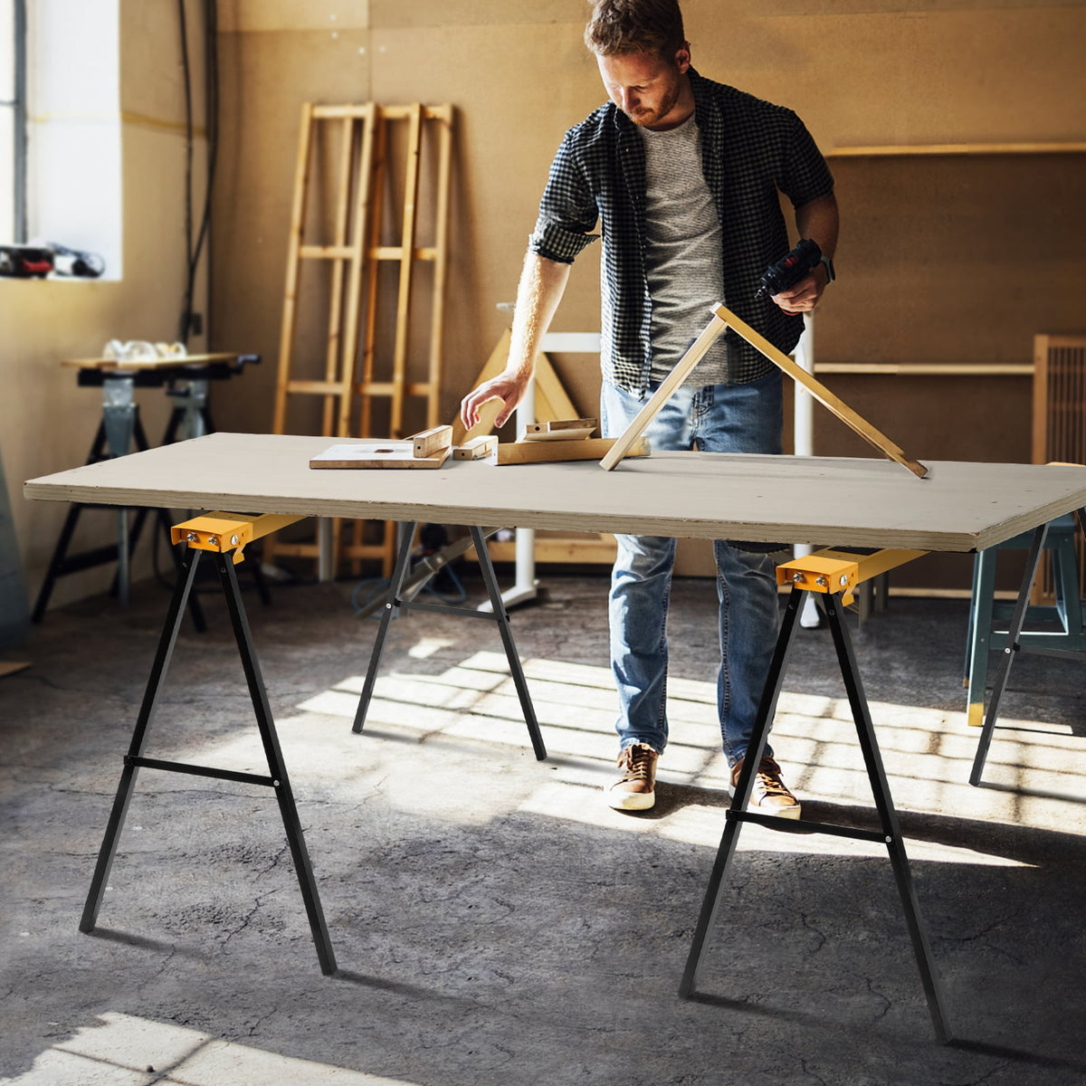 2 Pack Heavy Duty Sawhorse with Steel Folding Legs-Garages-DECOROLALA