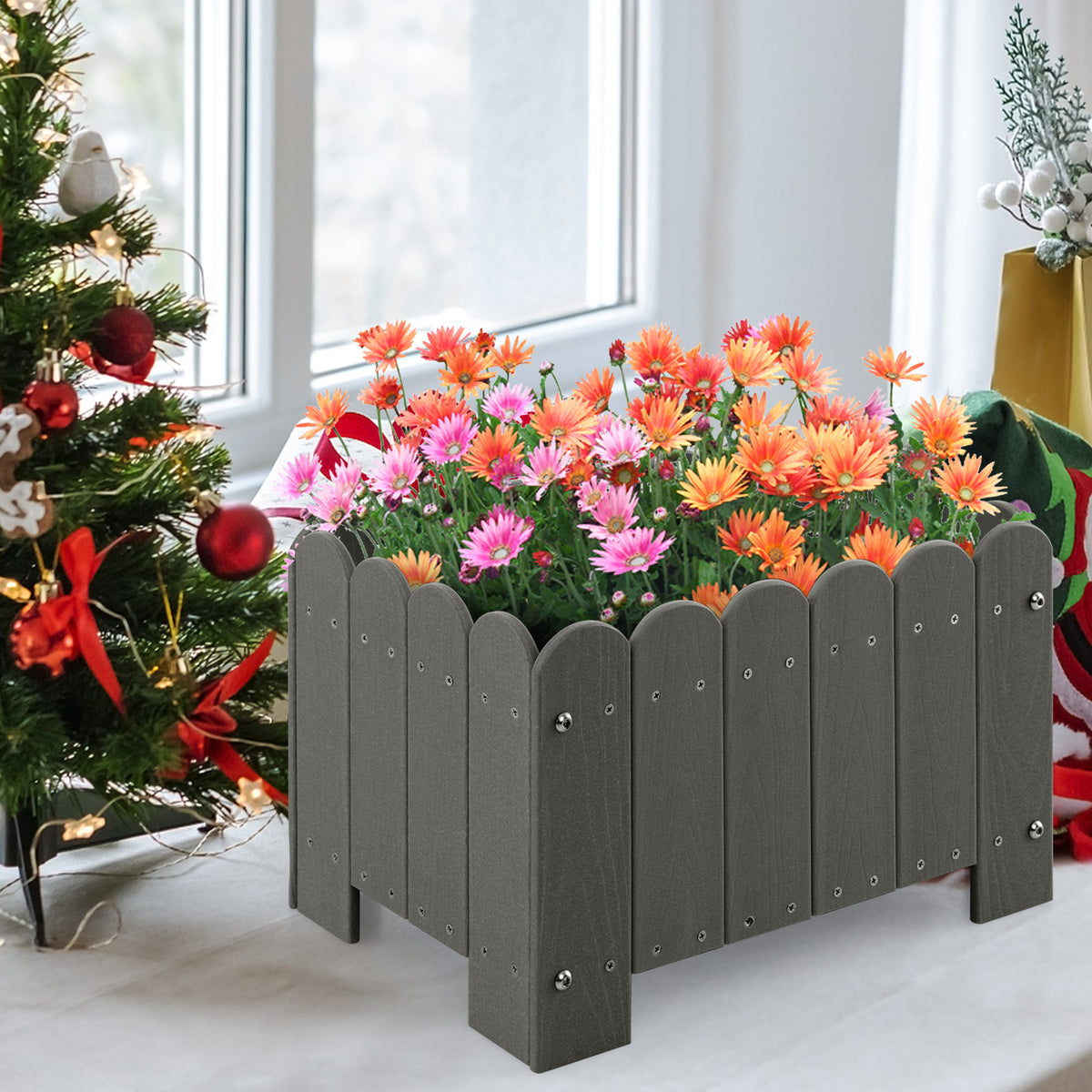 2 Pack Rectangular Planter Box with Drainage Gaps for Front Porch Garden Balcony-Gray-Raised Garden Beds-DECOROLALA