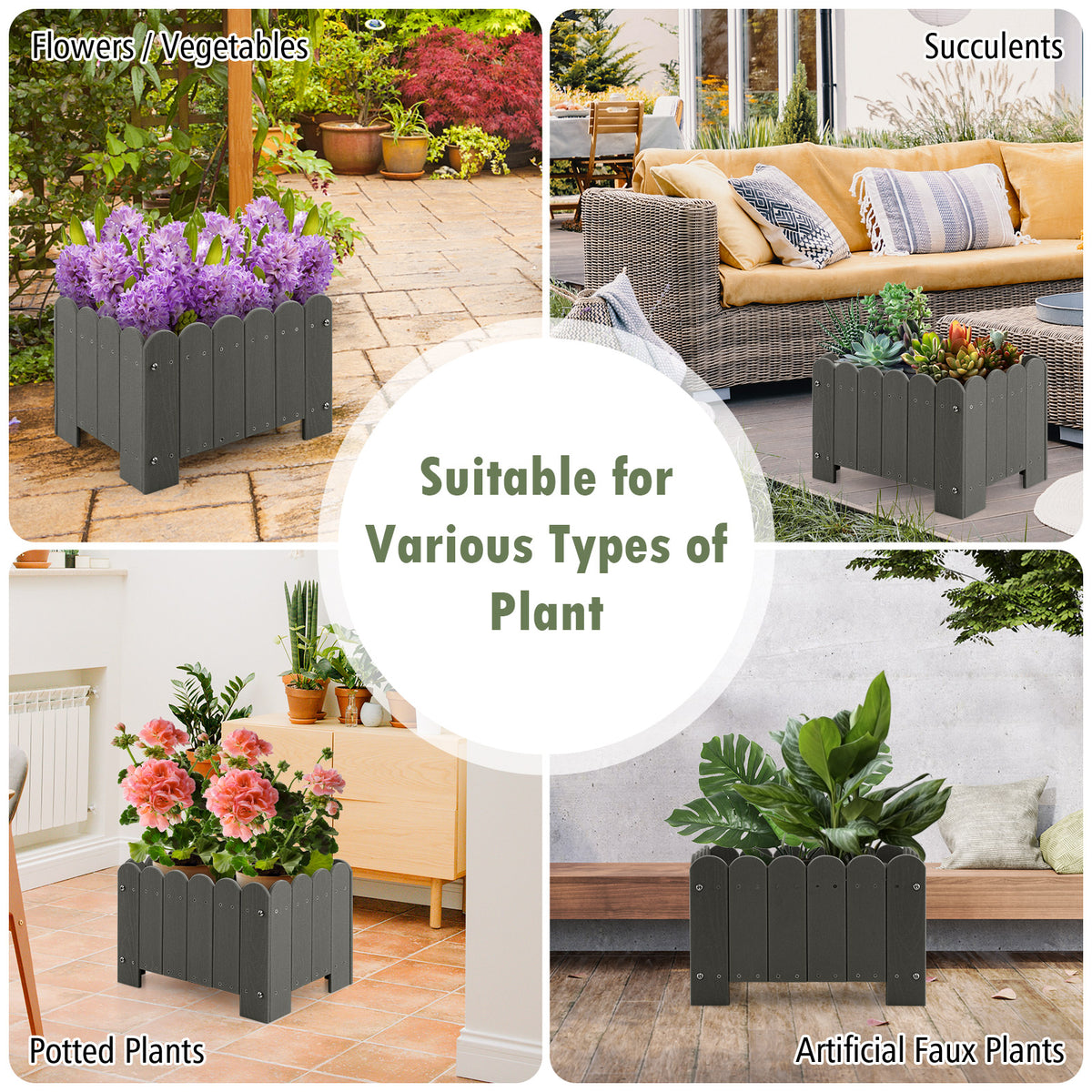 2 Pack Rectangular Planter Box with Drainage Gaps for Front Porch Garden Balcony-Gray-Raised Garden Beds-DECOROLALA