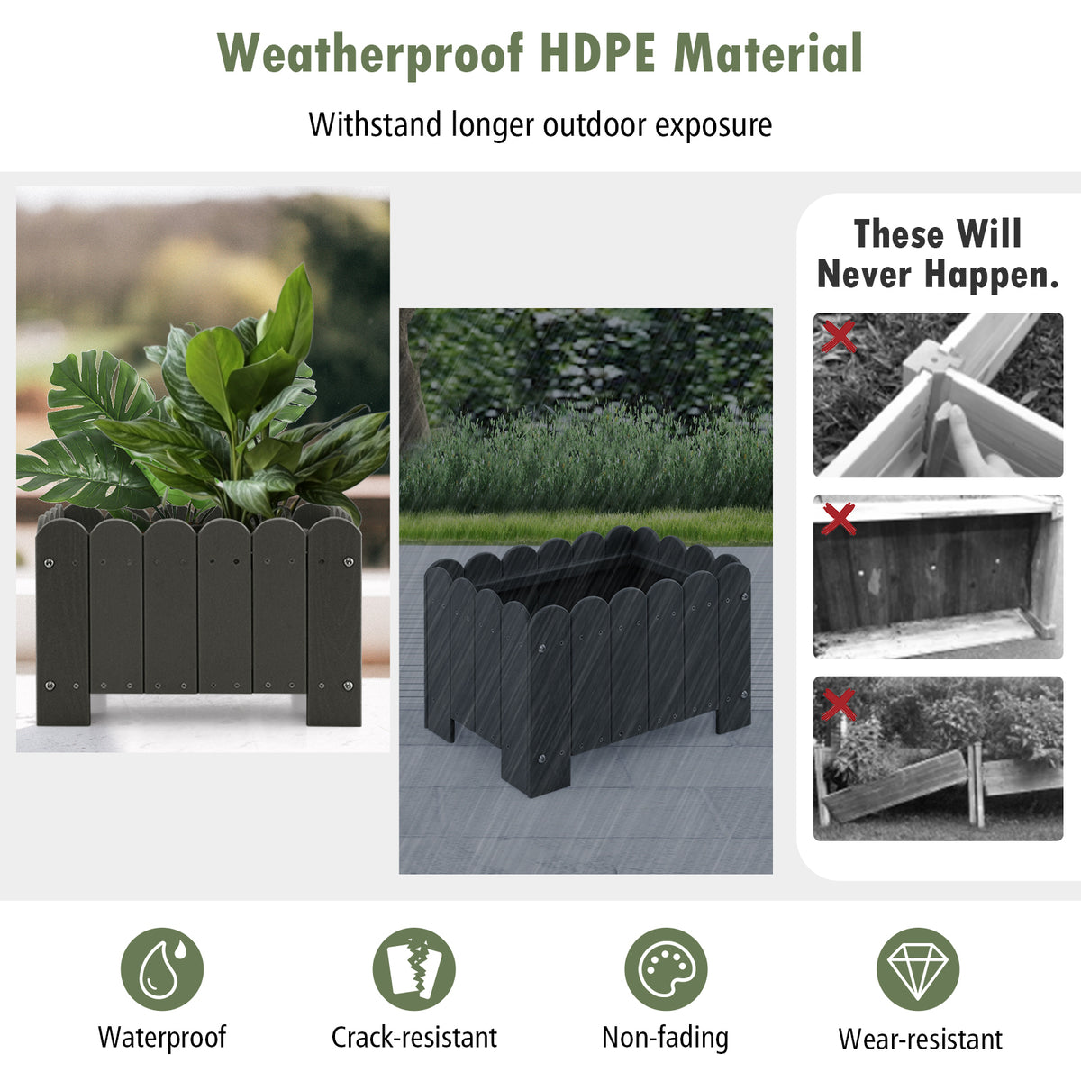 2 Pack Rectangular Planter Box with Drainage Gaps for Front Porch Garden Balcony-Gray-Raised Garden Beds-DECOROLALA
