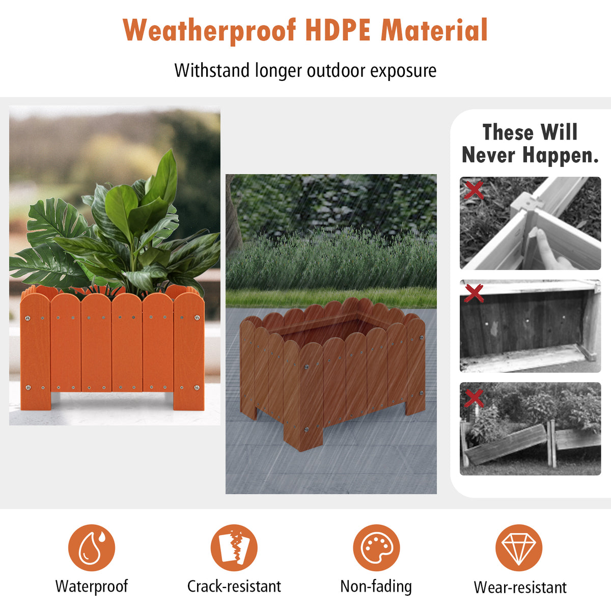2 Pack Rectangular Planter Box with Drainage Gaps for Front Porch Garden Balcony-Orange-Raised Garden Beds-DECOROLALA
