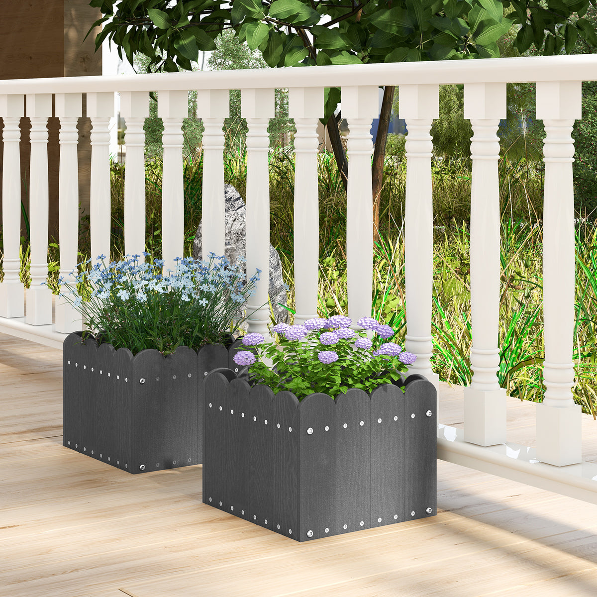2 Pack Square Planter Box with Drainage Gaps for for Front Porch Garden Balcony-Gray-Raised Garden Beds-DECOROLALA