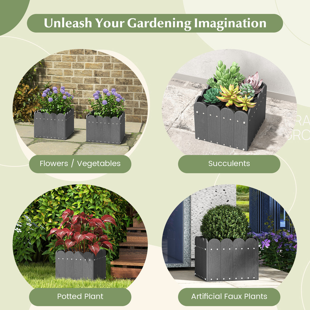 2 Pack Square Planter Box with Drainage Gaps for for Front Porch Garden Balcony-Gray-Raised Garden Beds-DECOROLALA