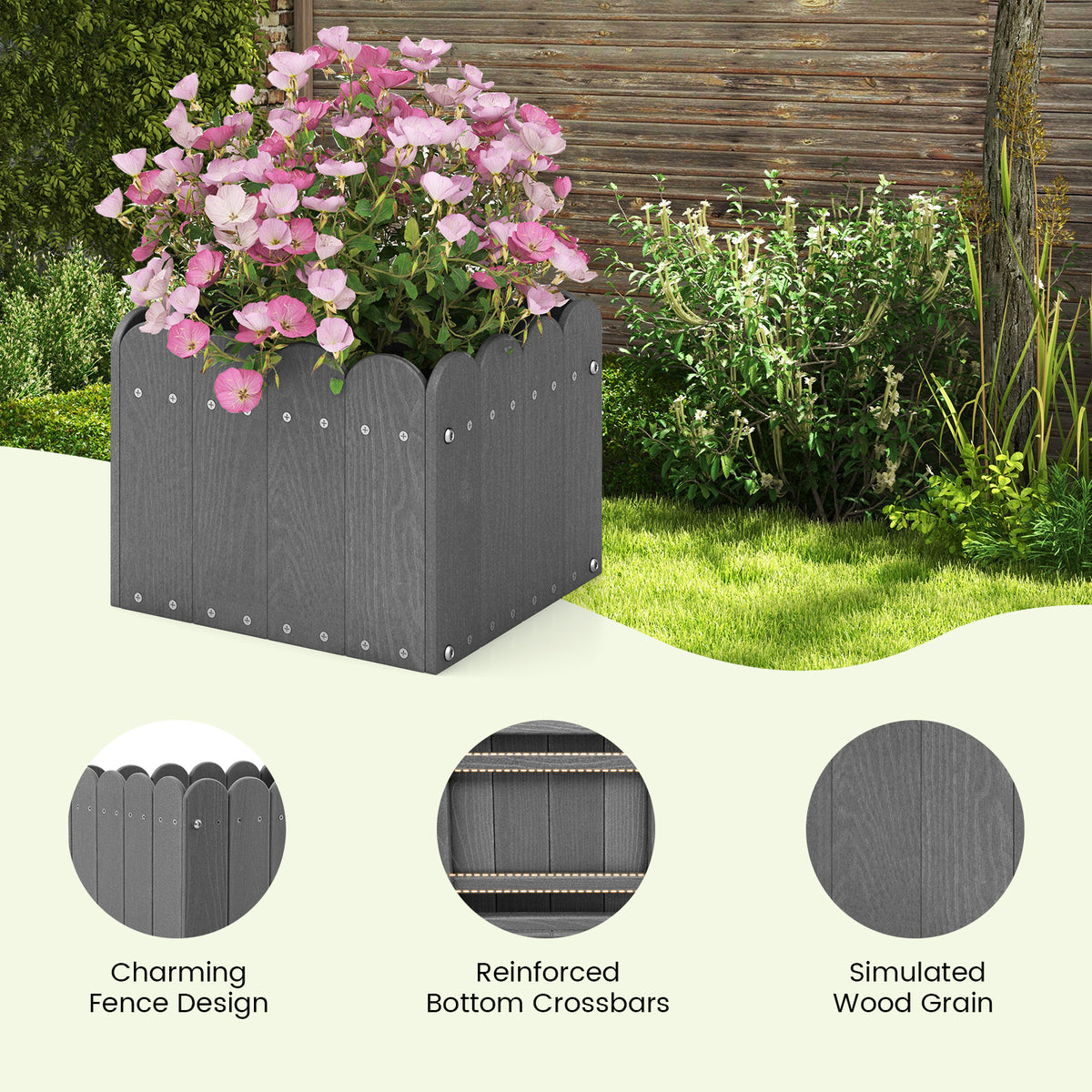 2 Pack Square Planter Box with Drainage Gaps for for Front Porch Garden Balcony-Gray-Raised Garden Beds-DECOROLALA