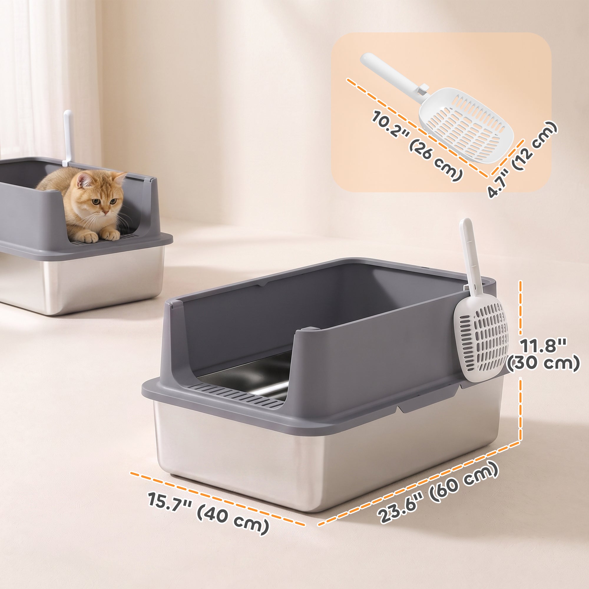 2 Pack XL Stainless Steel Litter Box with Scoops, High Sided, for Big and Multiple Cats, Anti-Urine Leakage-Cats-DECOROLALA