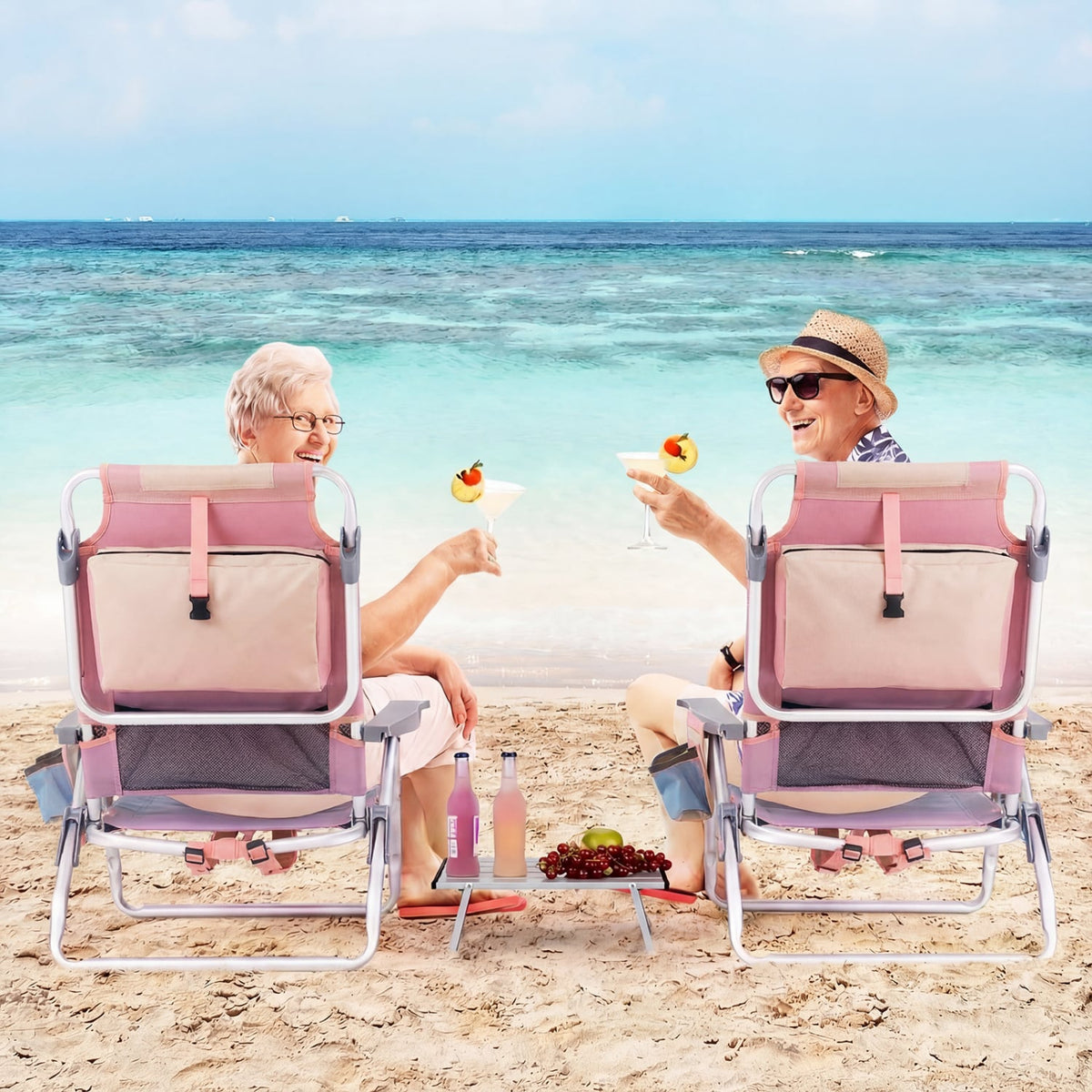 2 Packs 5-Position Outdoor Folding Backpack Beach Table Chair Reclining Chair Set-Pink-Beach & Lawn Chairs-DECOROLALA