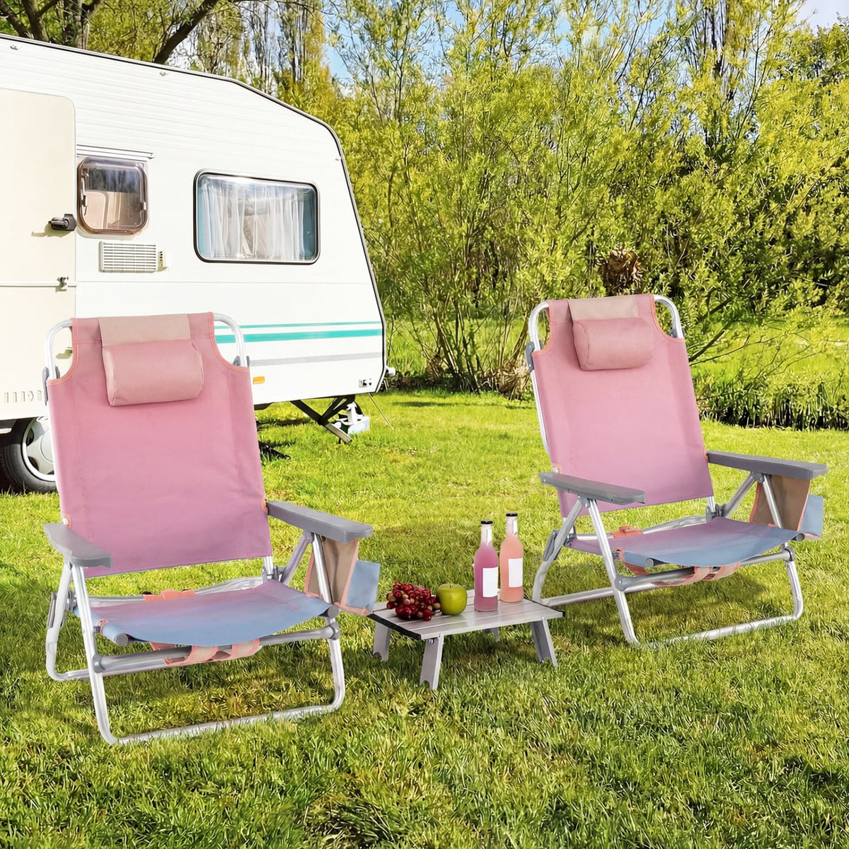 2 Packs 5-Position Outdoor Folding Backpack Beach Table Chair Reclining Chair Set-Pink-Beach & Lawn Chairs-DECOROLALA