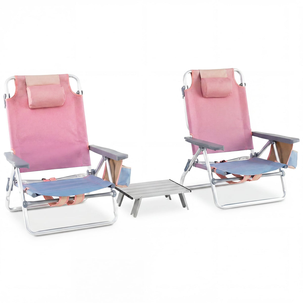 2 Packs 5-Position Outdoor Folding Backpack Beach Table Chair Reclining Chair Set-Pink-Beach & Lawn Chairs-DECOROLALA