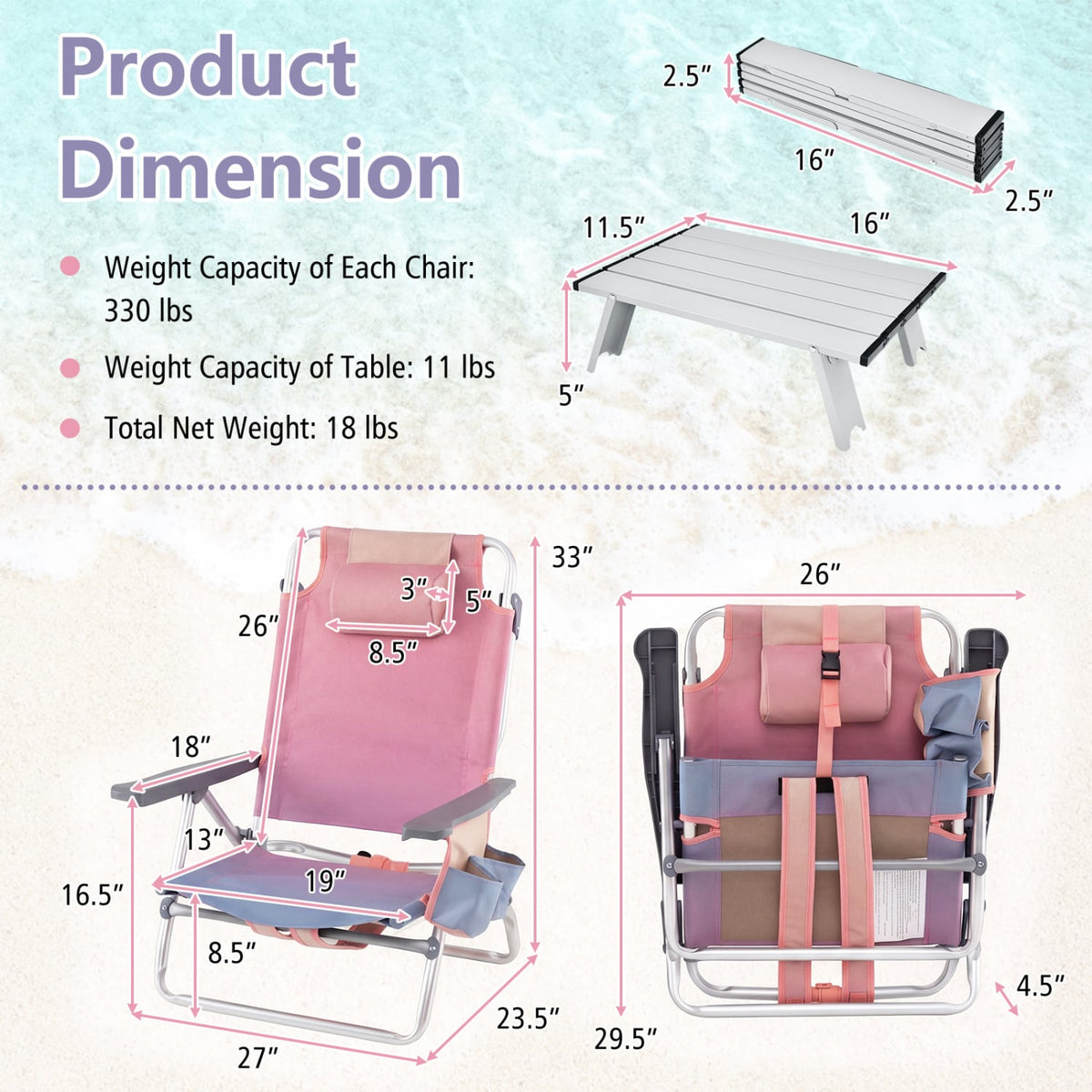 2 Packs 5-Position Outdoor Folding Backpack Beach Table Chair Reclining Chair Set-Pink-Beach & Lawn Chairs-DECOROLALA