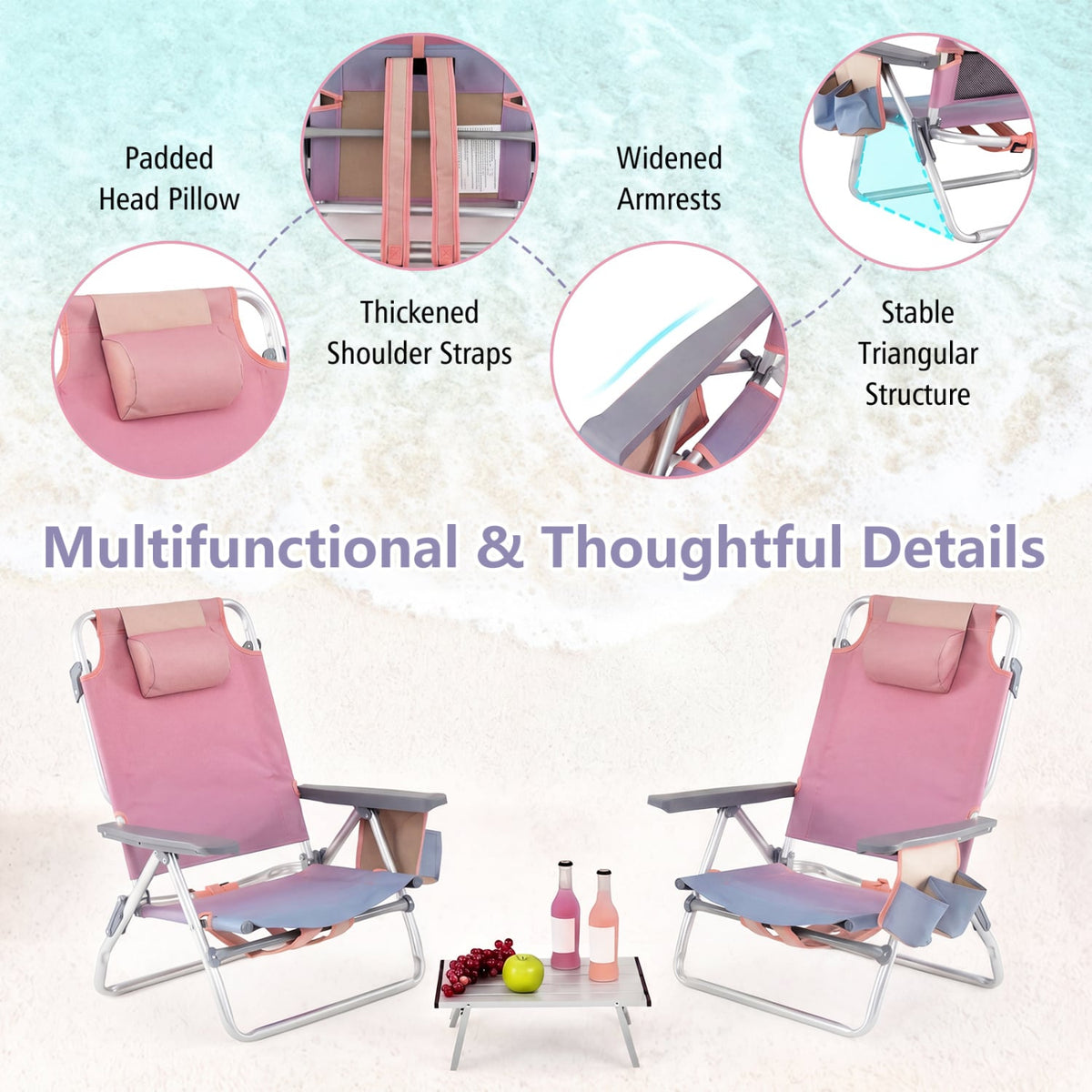 2 Packs 5-Position Outdoor Folding Backpack Beach Table Chair Reclining Chair Set-Pink-Beach & Lawn Chairs-DECOROLALA
