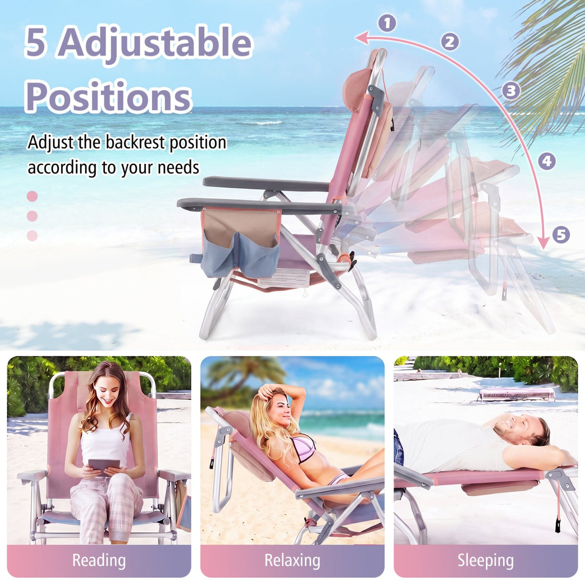 2 Packs 5-Position Outdoor Folding Backpack Beach Table Chair Reclining Chair Set-Pink-Beach & Lawn Chairs-DECOROLALA