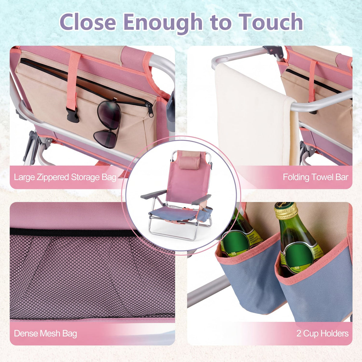 2 Packs 5-Position Outdoor Folding Backpack Beach Table Chair Reclining Chair Set-Pink-Beach & Lawn Chairs-DECOROLALA