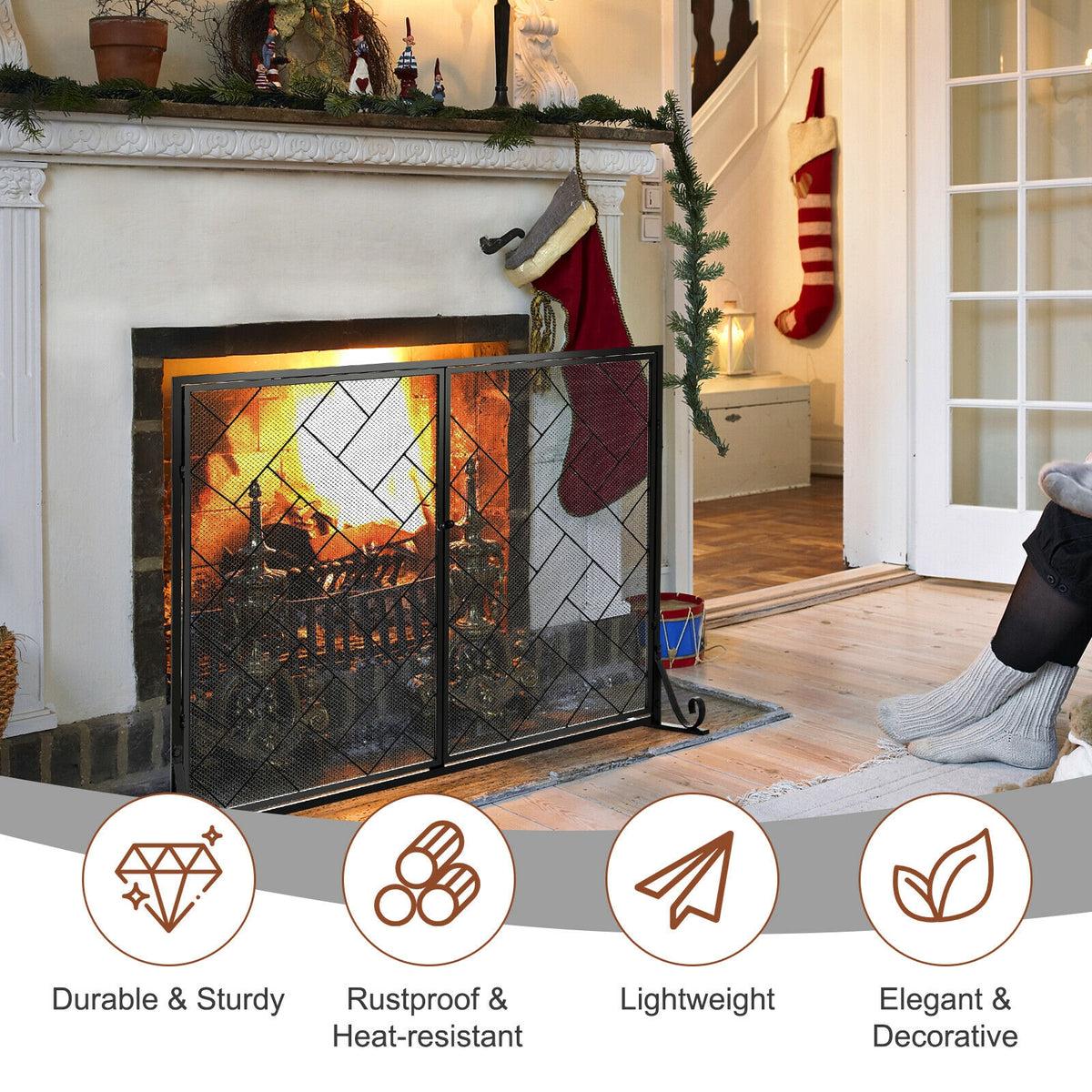 2-Panel Fireplace Screen Folding Metal Fire Place Safety Fence with Magnetic Doors-Black-Fireplace Tools-DECOROLALA