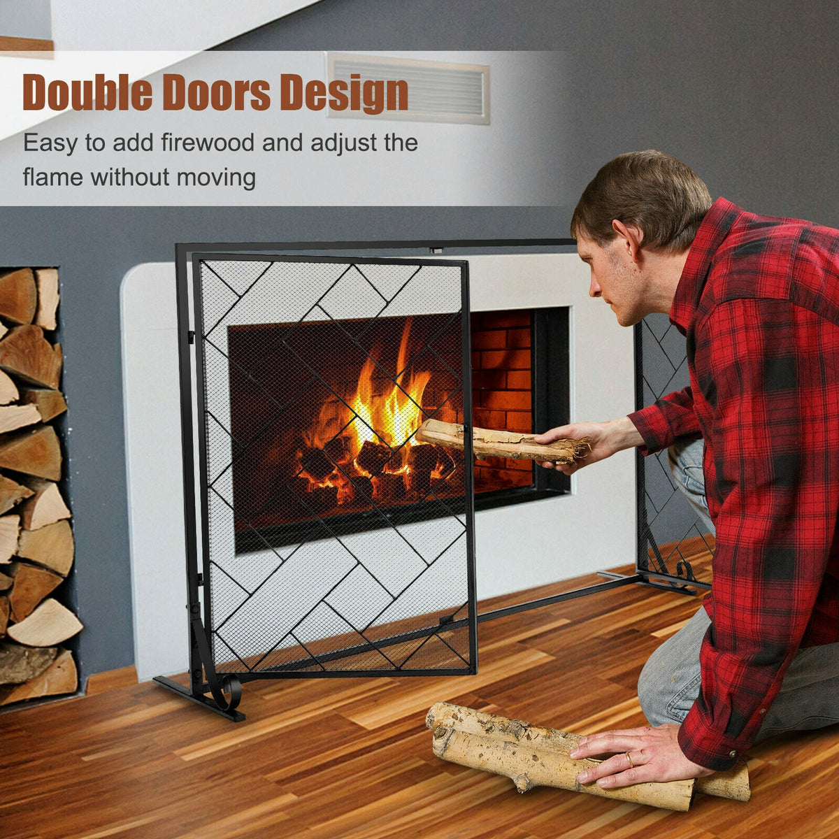 2-Panel Fireplace Screen Folding Metal Fire Place Safety Fence with Magnetic Doors-Black-Fireplace Tools-DECOROLALA