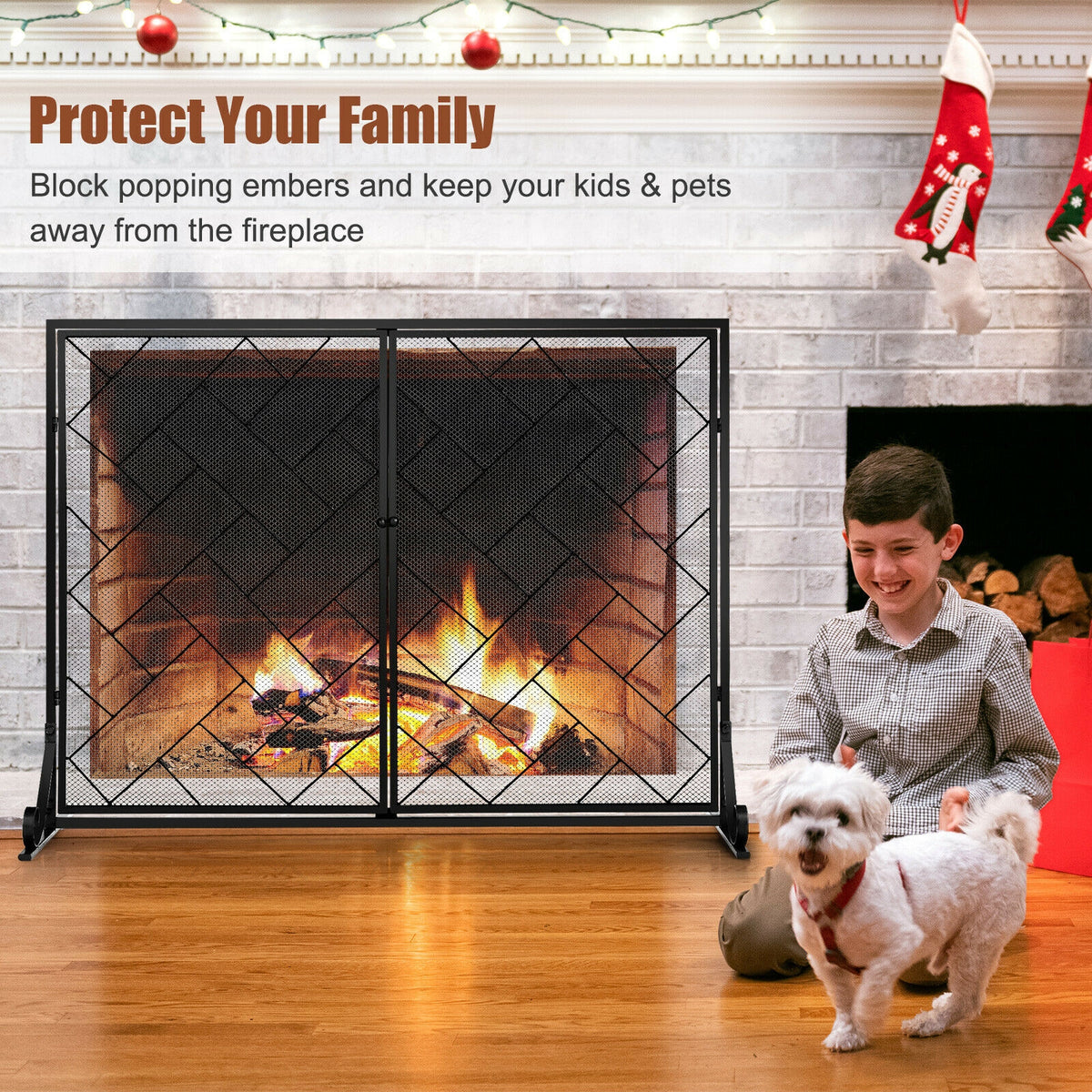 2-Panel Fireplace Screen Folding Metal Fire Place Safety Fence with Magnetic Doors-Black-Fireplace Tools-DECOROLALA