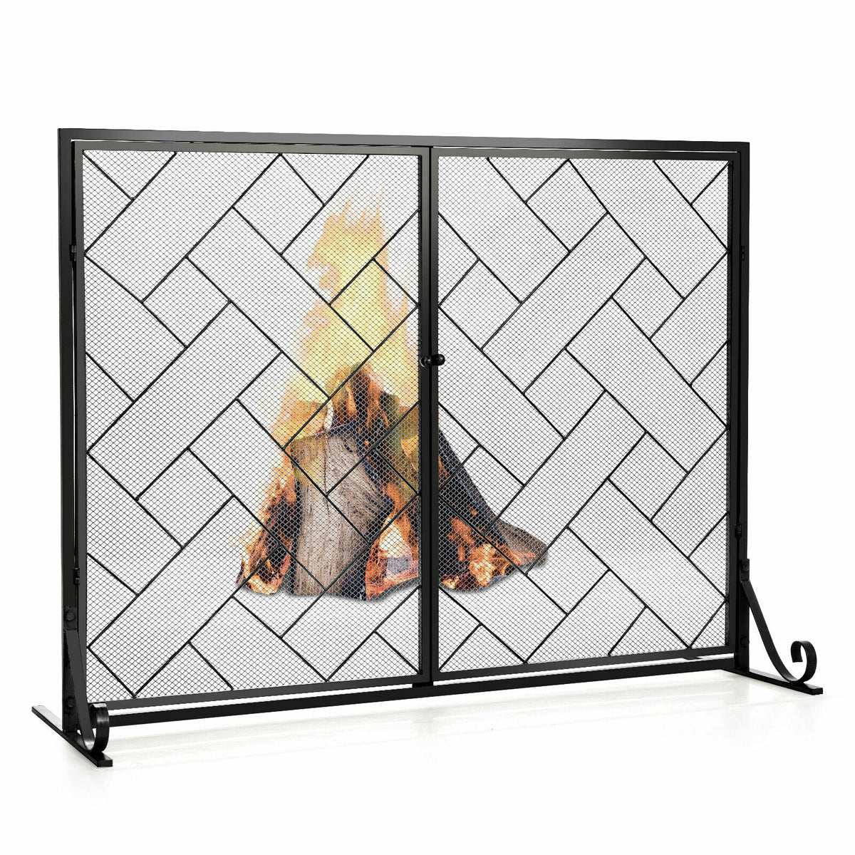 2-Panel Fireplace Screen Folding Metal Fire Place Safety Fence with Magnetic Doors-Black-Fireplace Tools-DECOROLALA