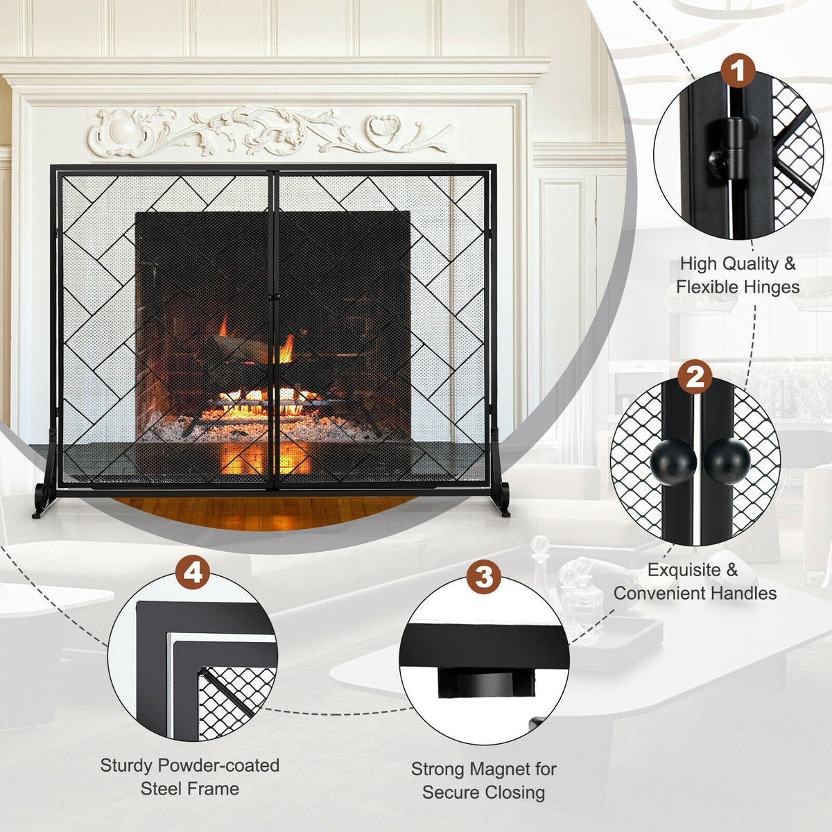 2-Panel Fireplace Screen Folding Metal Fire Place Safety Fence with Magnetic Doors-Black-Fireplace Tools-DECOROLALA