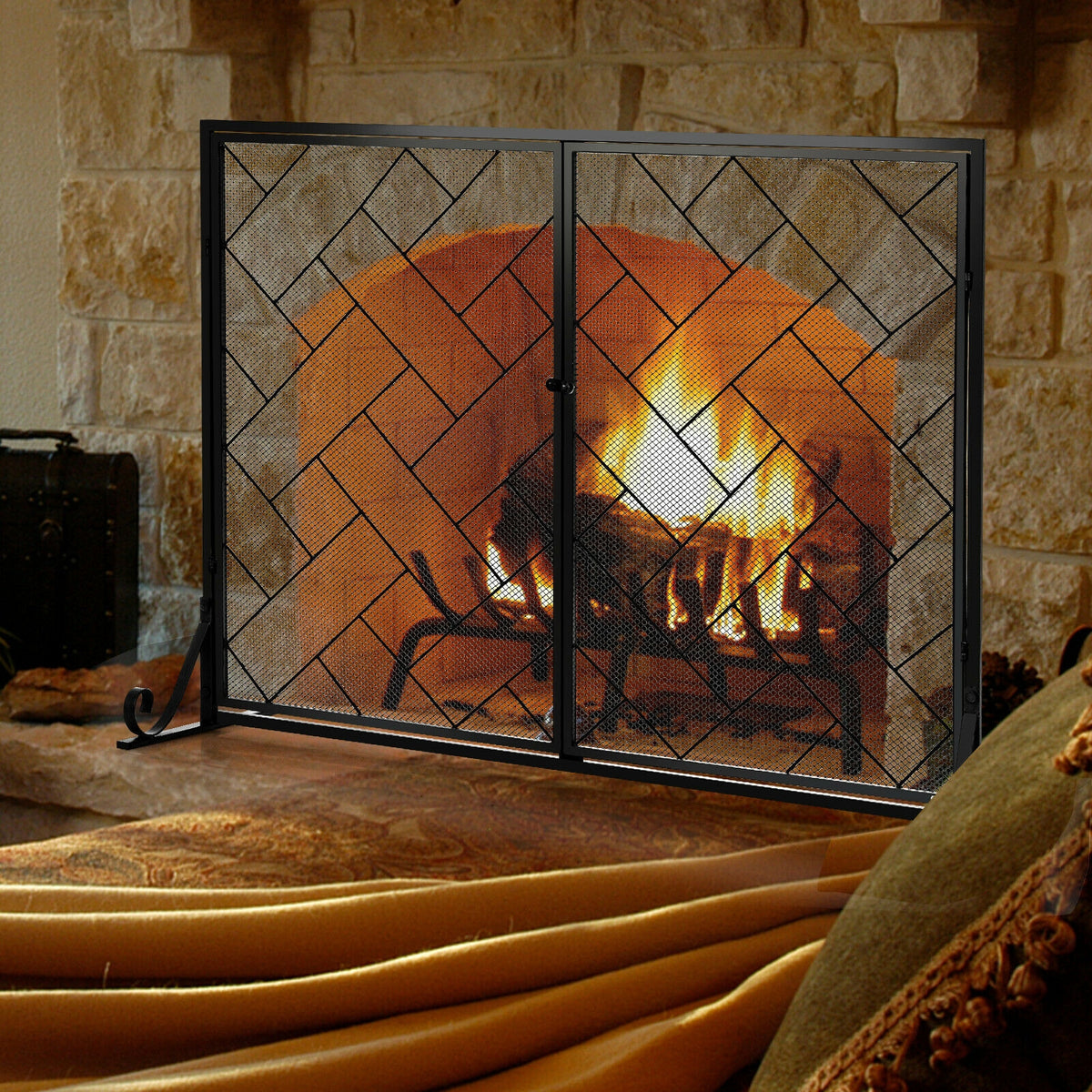 2-Panel Fireplace Screen Folding Metal Fire Place Safety Fence with Magnetic Doors-Black-Fireplace Tools-DECOROLALA