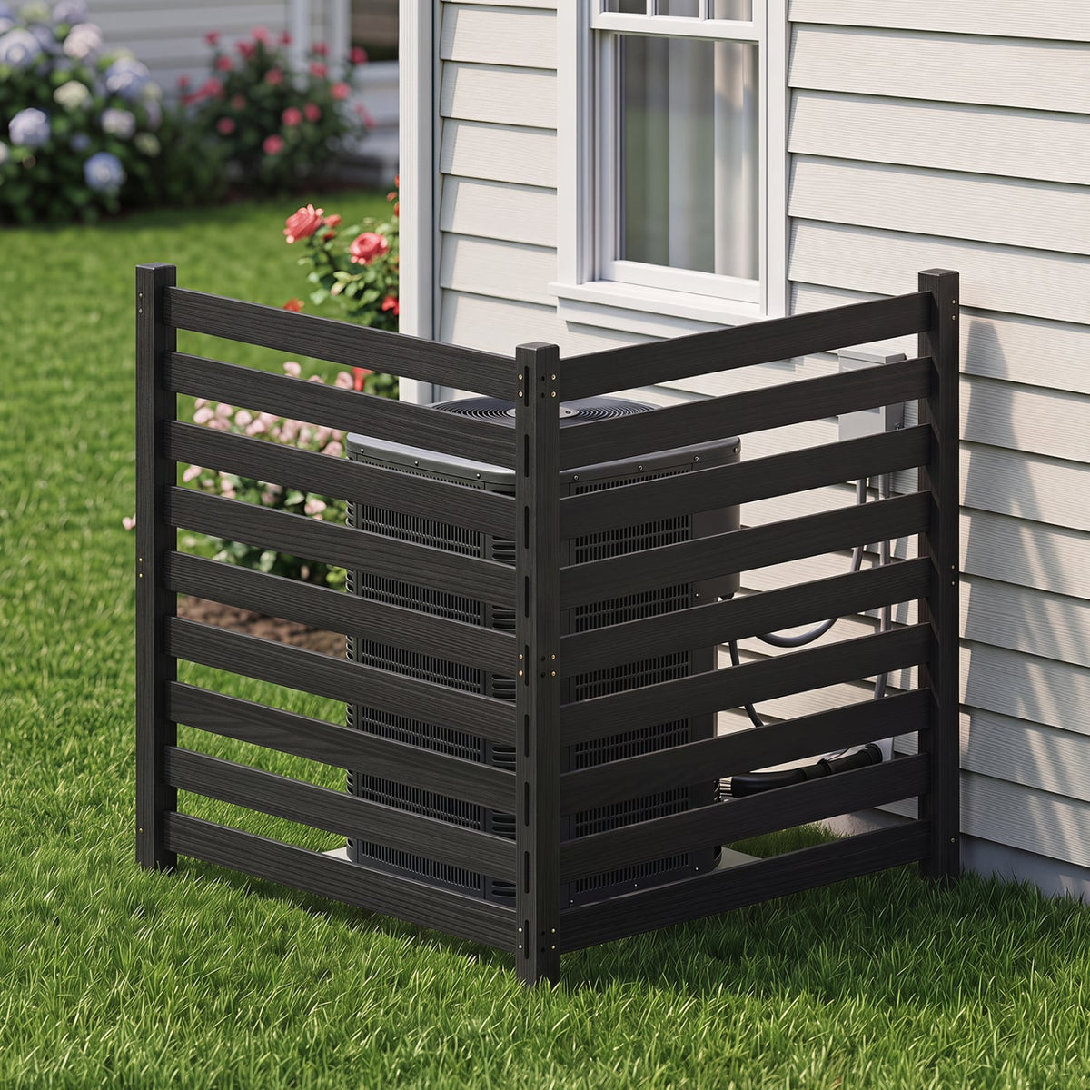 2-Panel Wooden Outdoor Privacy Fence with Ground Stakes-Black-Outdoor Privacy Screens-DECOROLALA