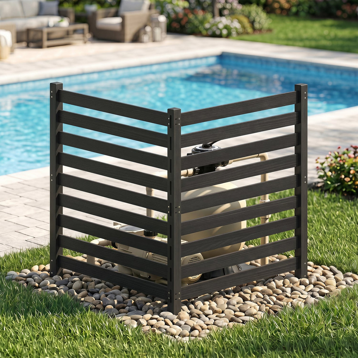 2-Panel Wooden Outdoor Privacy Fence with Ground Stakes-Black-Outdoor Privacy Screens-DECOROLALA