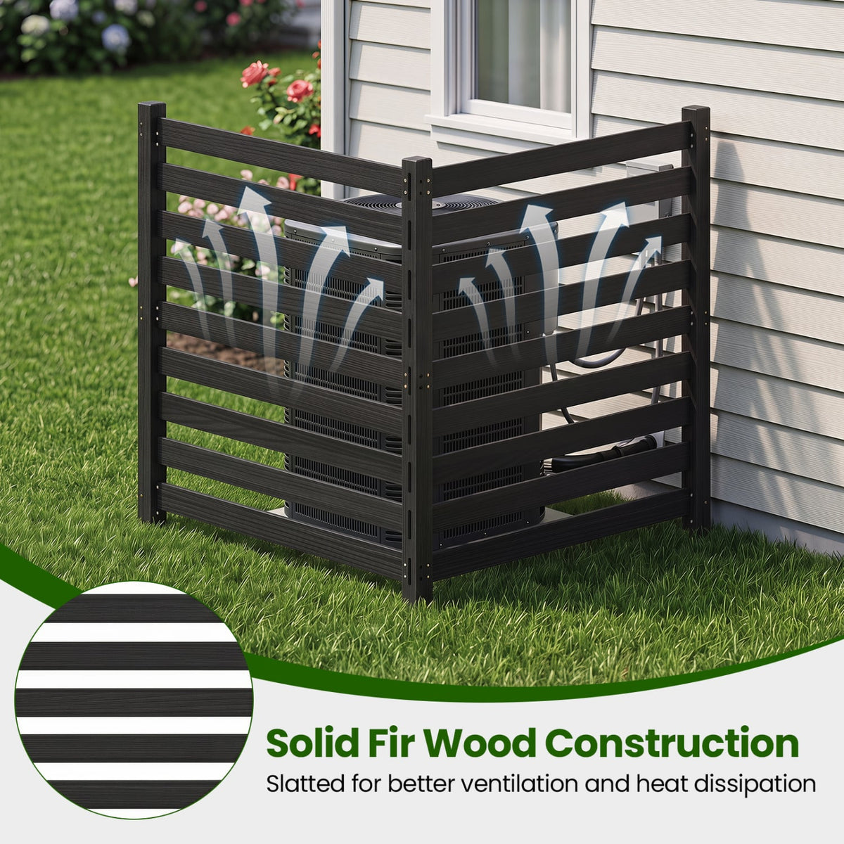 2-Panel Wooden Outdoor Privacy Fence with Ground Stakes-Black-Outdoor Privacy Screens-DECOROLALA