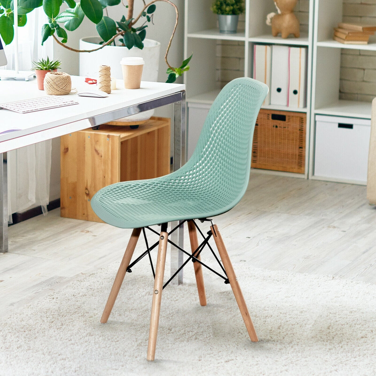 2 Pcs Modern Plastic Hollow Chair Set with Wood Leg-Green-Dining Chairs-DECOROLALA